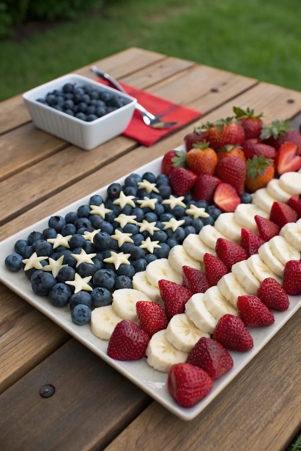 A fruit platter made to resemble the American flag, a perfect fit for a 4th of July picnic.