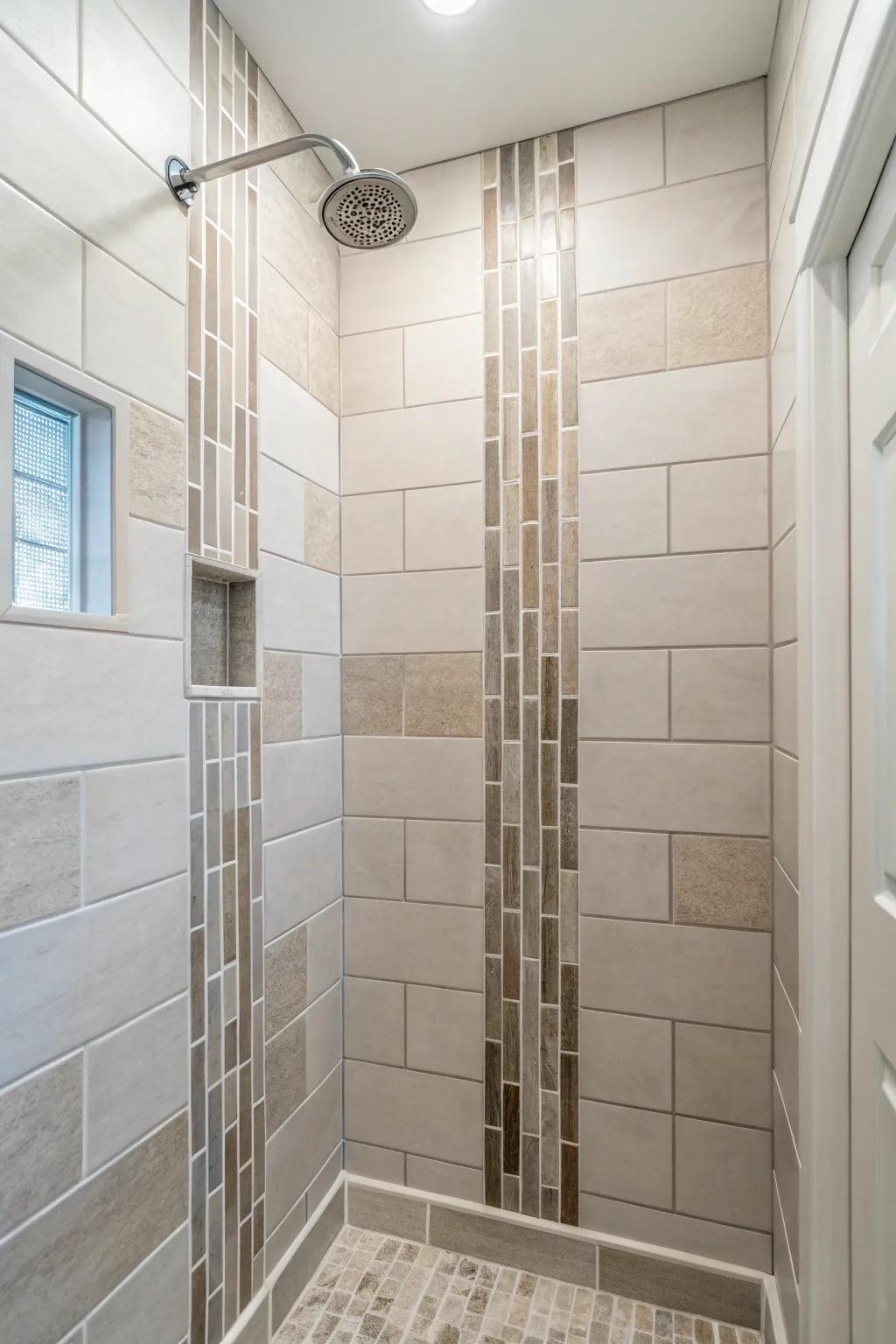 Vertical tiles bring elevation and sophistication to a compact shower.