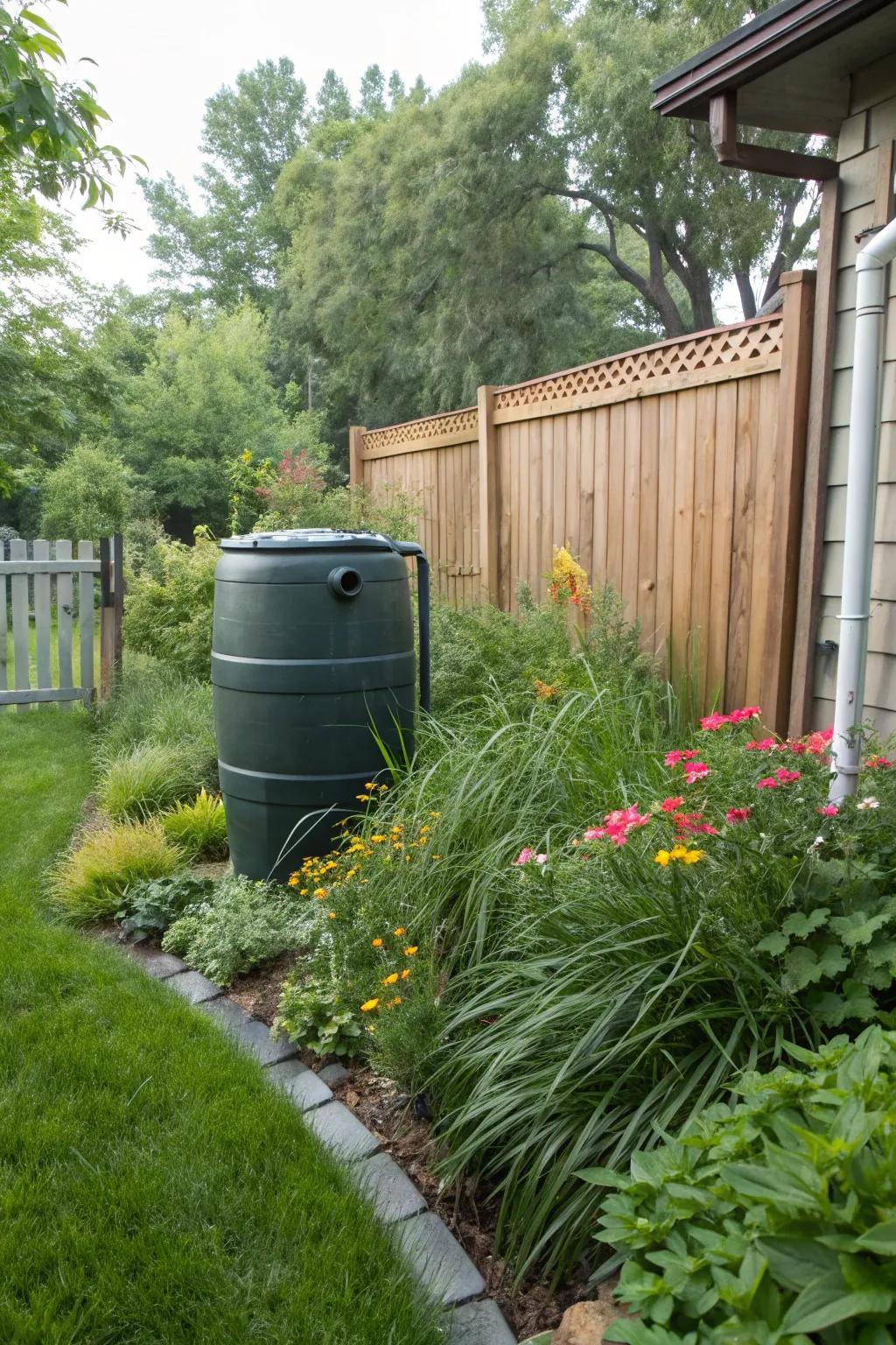 Rainwater tanks blend harmoniously with the setting, turning utilitarian storage into an aesthetic element.