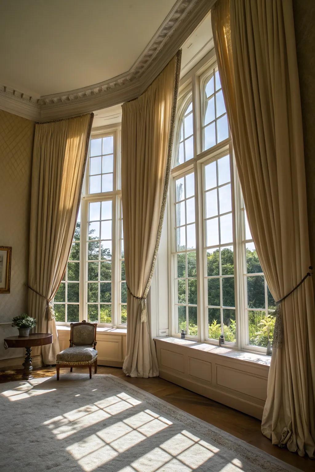 Window coverings mounted high to increase perceived height.