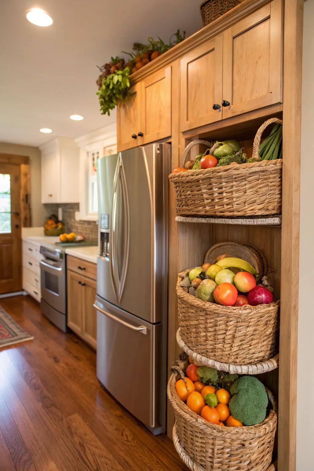 Charming woven bins provide an appealing and functional storage option.