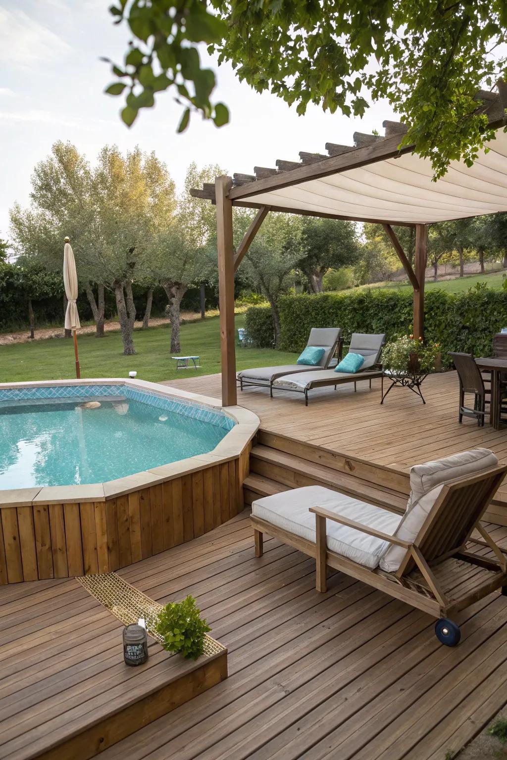 A wooden deck crafts an inviting and snug poolside hideaway.