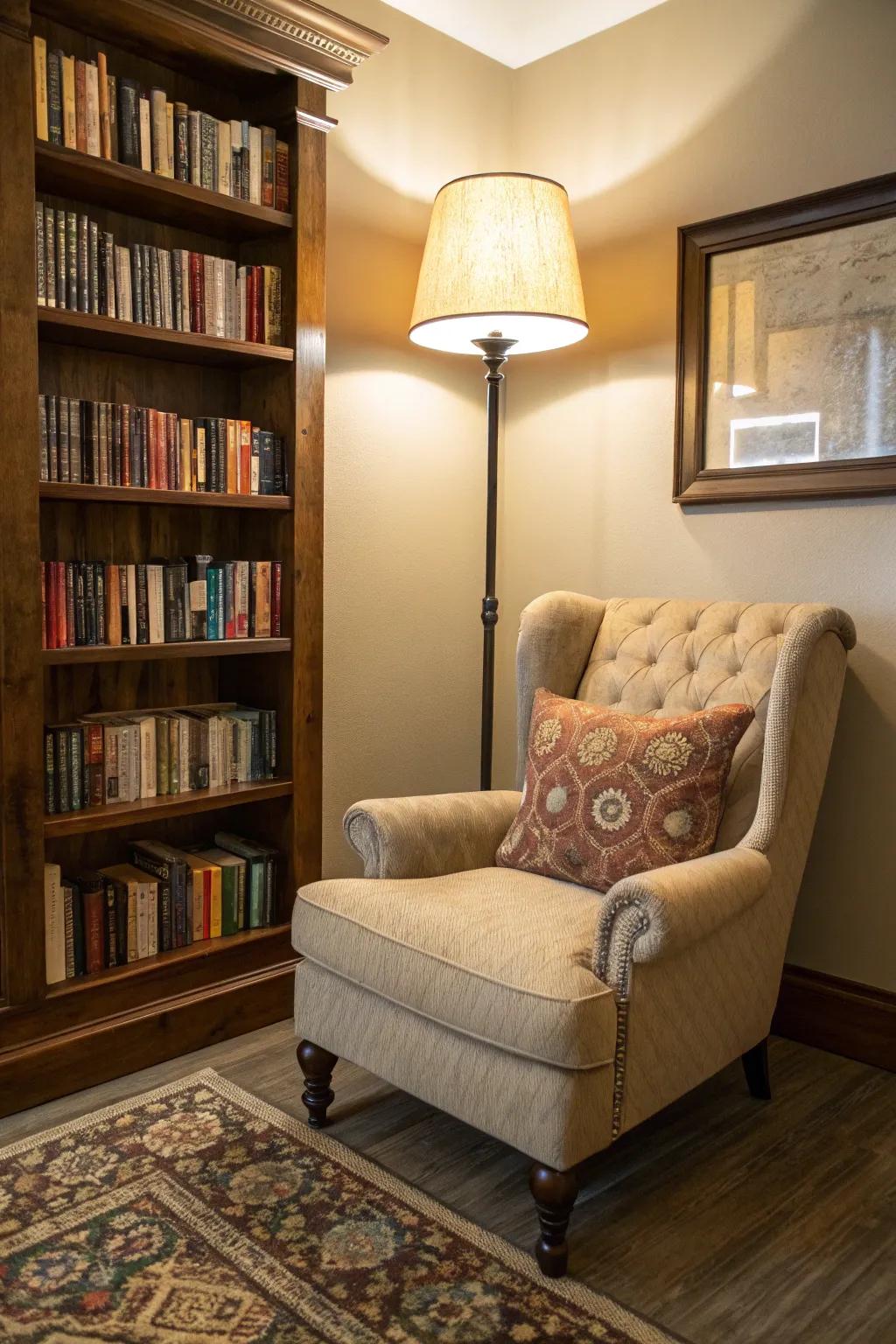 A reading corner featuring a soft armchair and a bookcase creates a comfortable getaway.