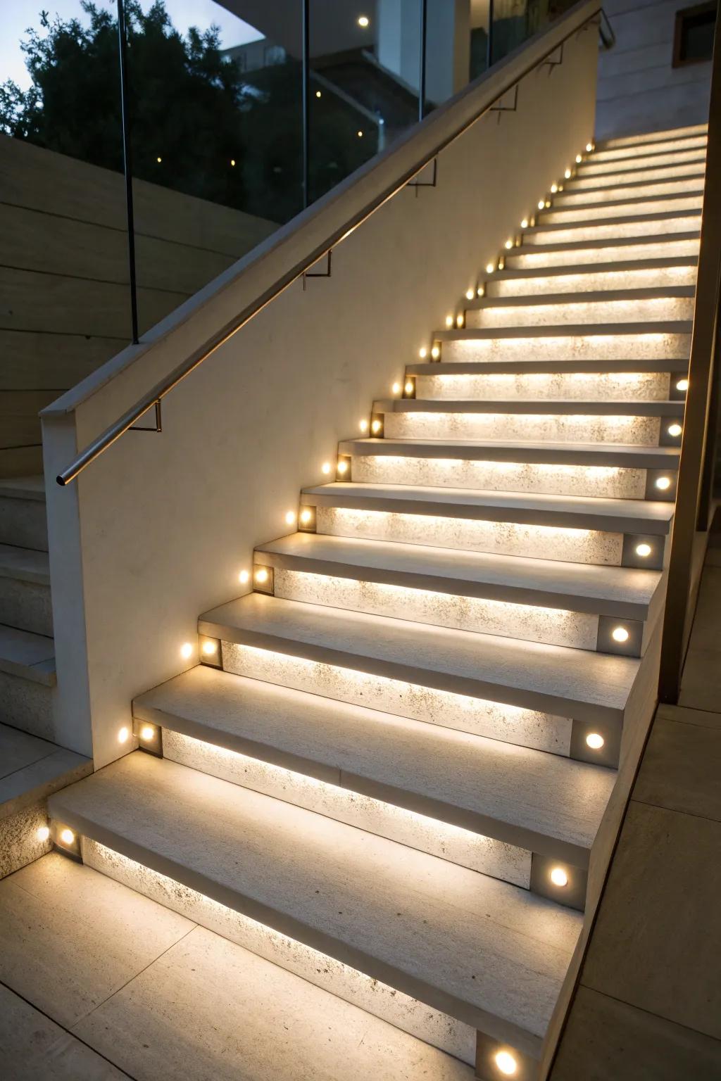 Integrated lighting adds drama and safety to staircases.