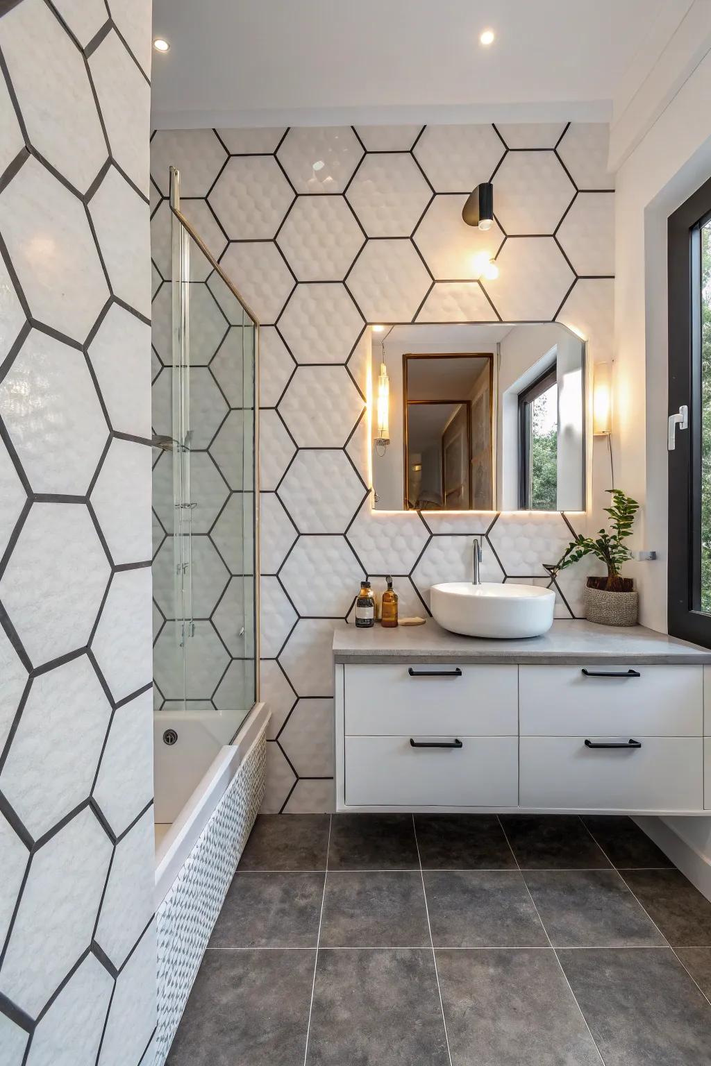 Geometric tiles create a dynamic and stylish accent wall.