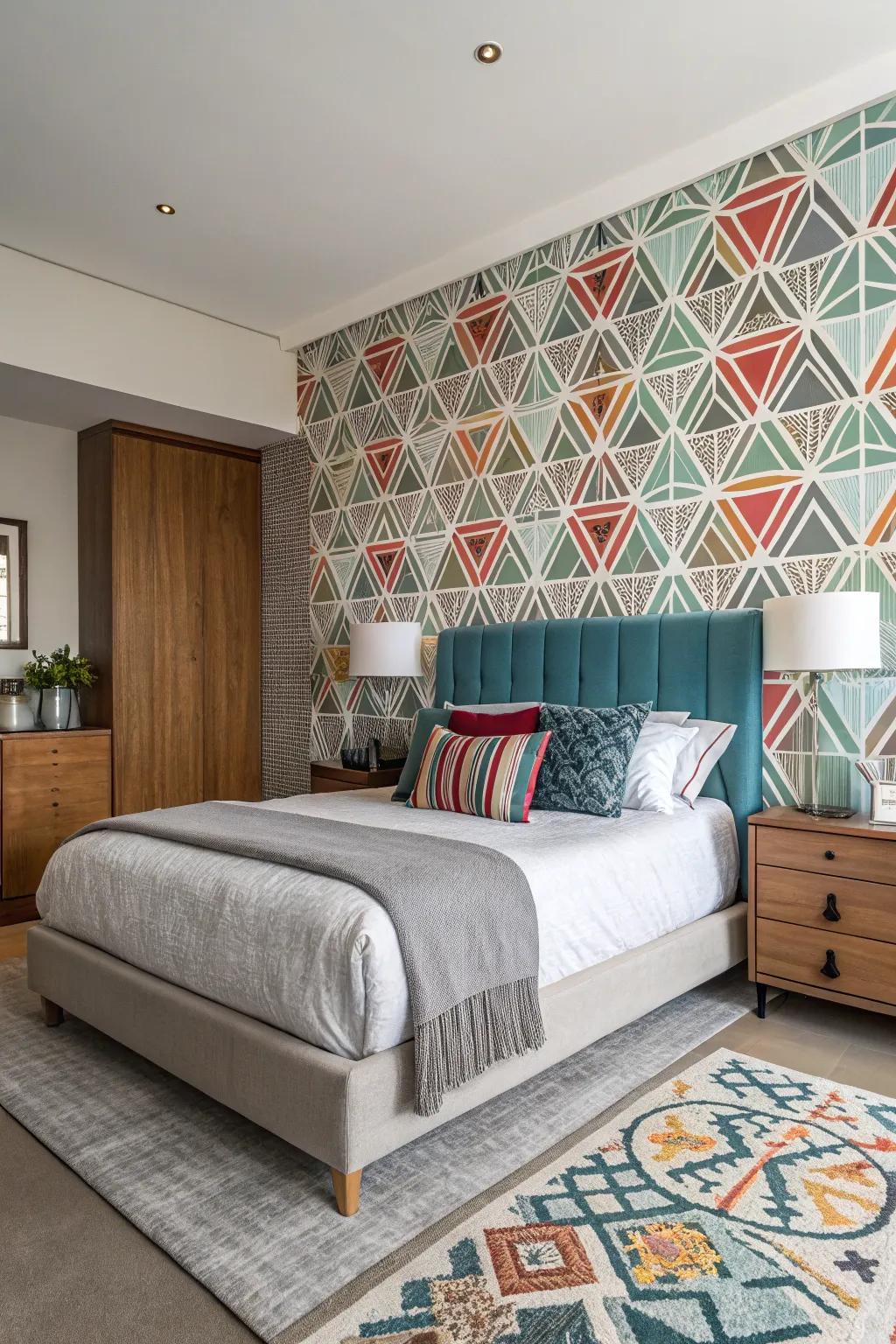 A geometric wallpaper forms a captivating scene in a modern bedroom.