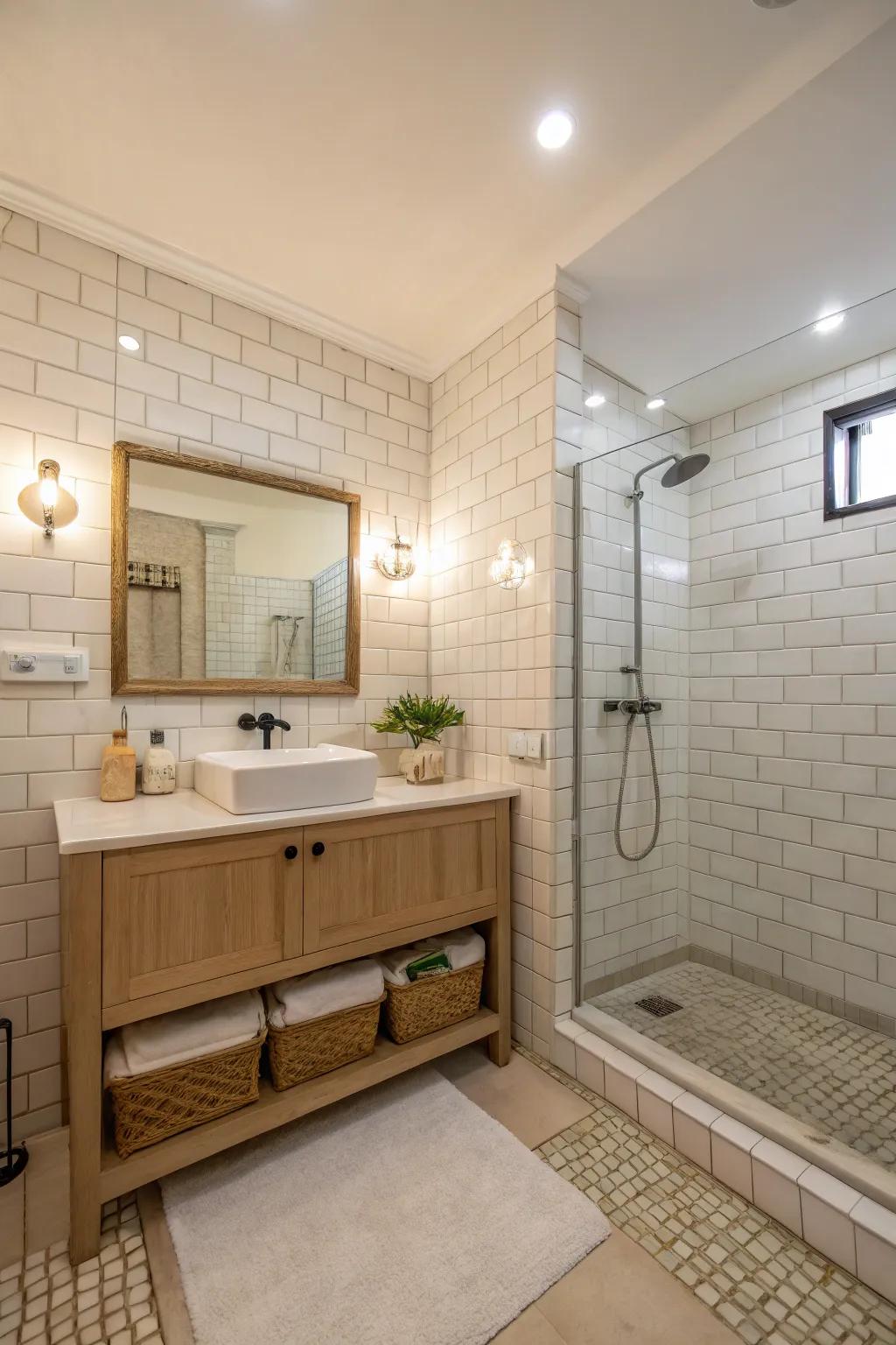 A soft color palette sets a peaceful tone in the bathroom.