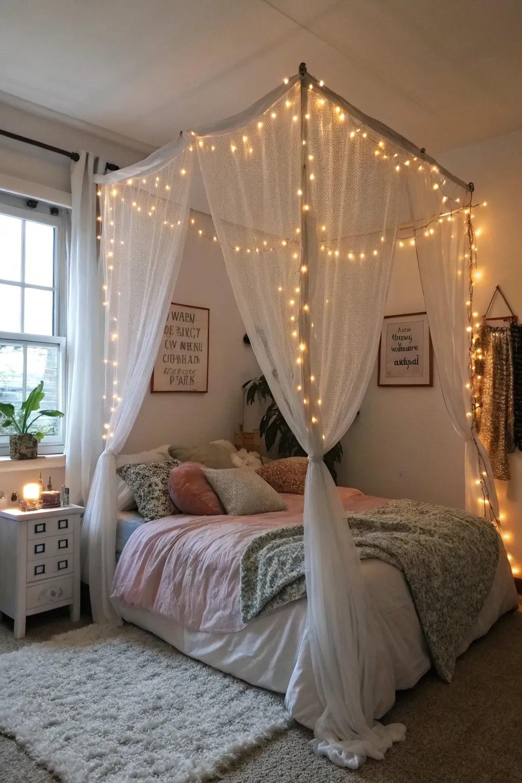 Create a dreamy sleep sanctuary with a fairy light canopy.