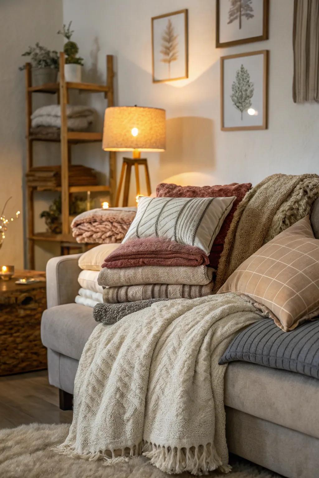 Layered fabrics fashion a snug and inviting atmosphere.