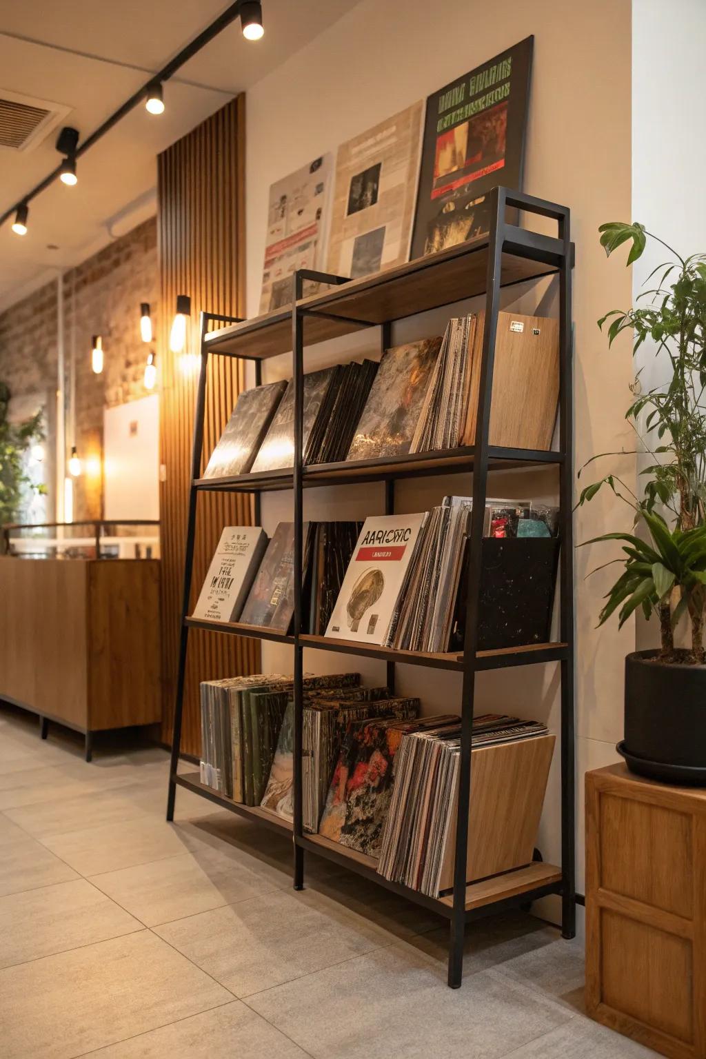 A stylish, multi-level storage rack designed to organize vinyl records and books with panache.