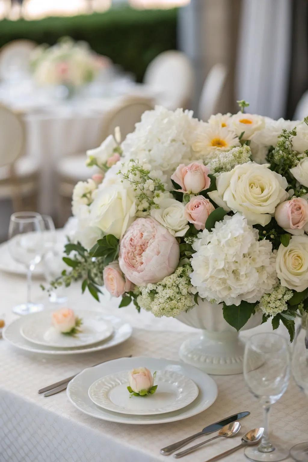 Extravagant white floral installations bring elegance to every party scene.