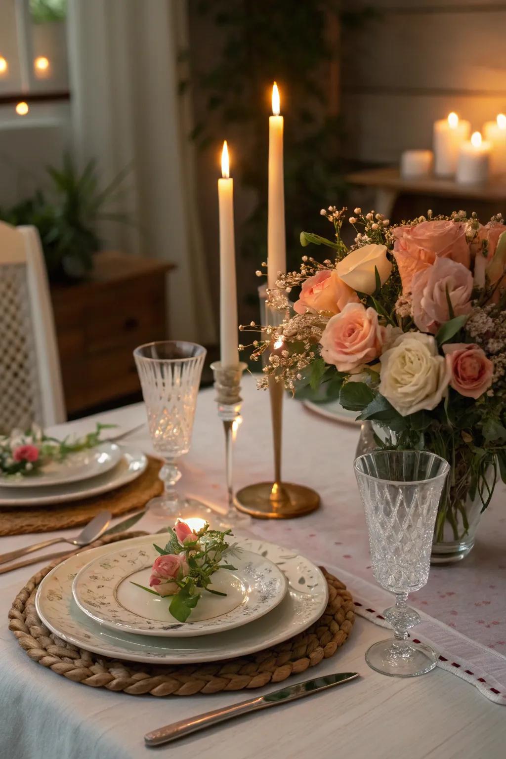 Evoke an intimate atmosphere with a dinner illuminated by candlelight.