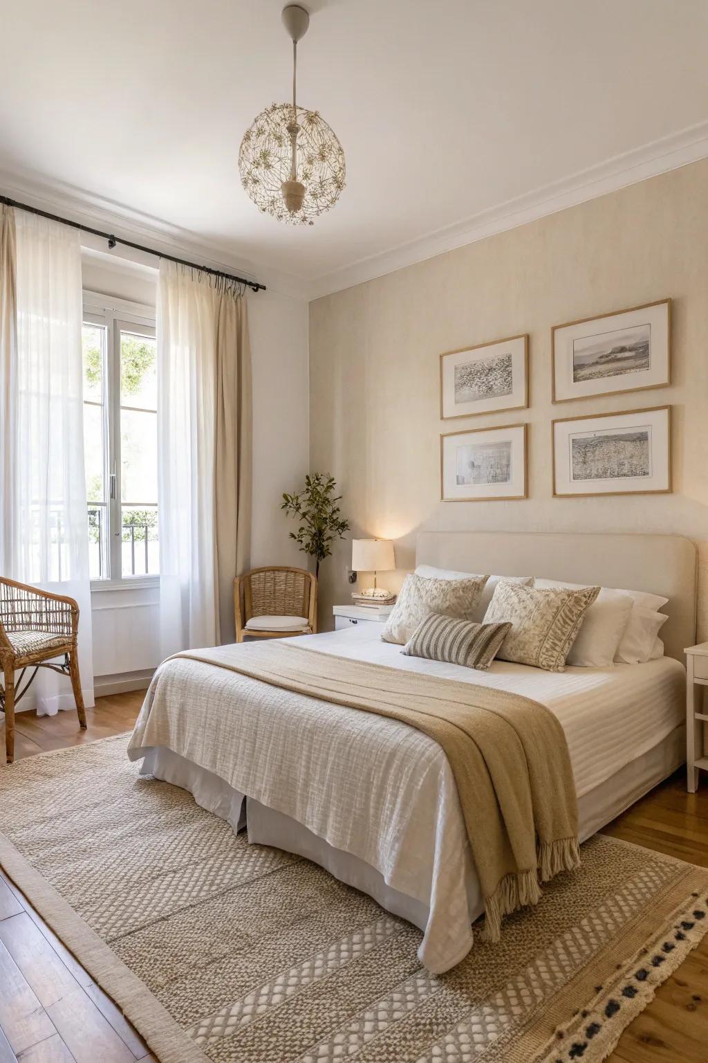 An apartment bedroom featuring a serene neutral color palette with soft whites and beiges.