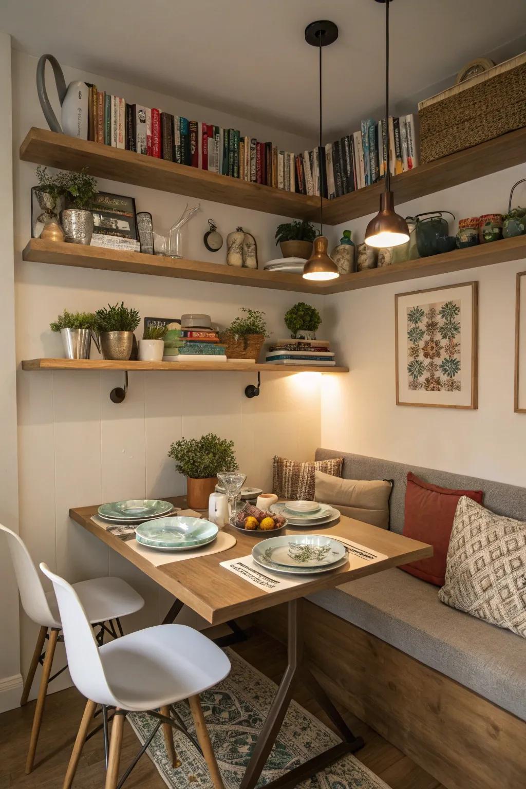 Vertical storage enriches charm and practicality.