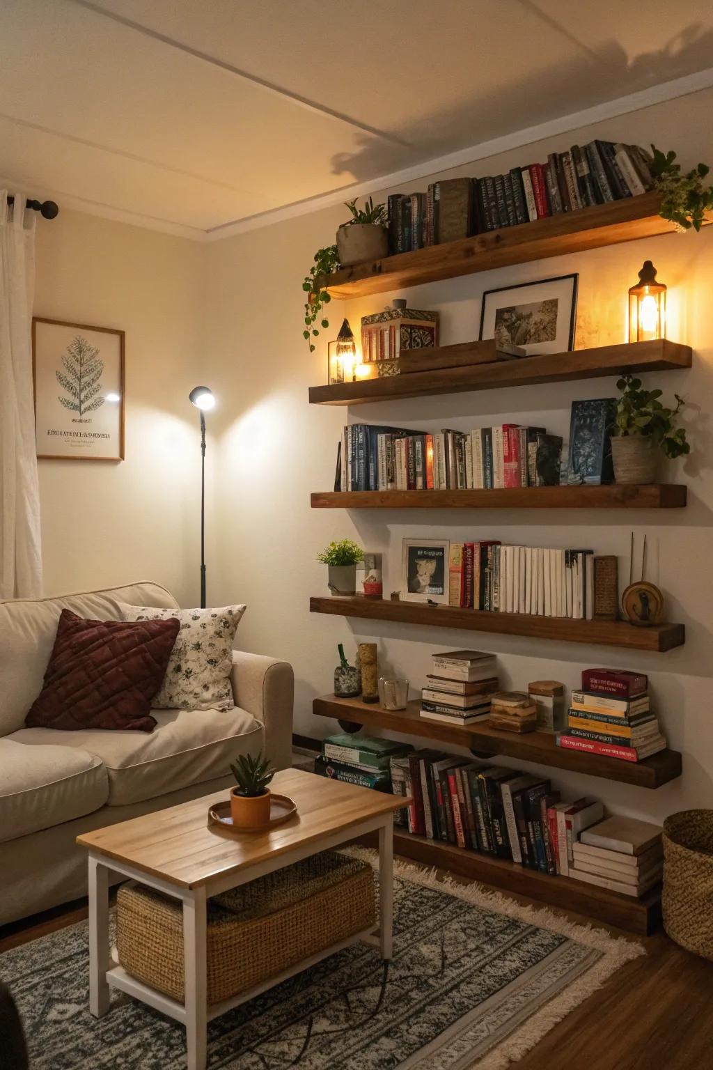 Floating shelves introduce both storage and style to a restricted living space.