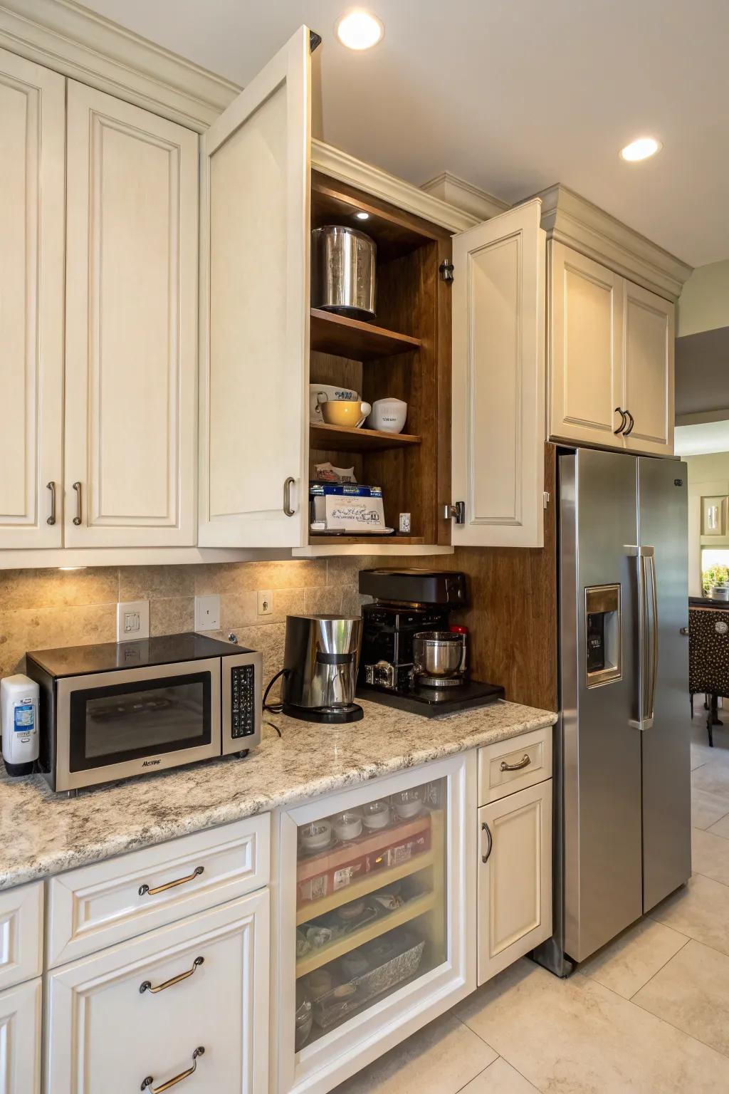 Elevating doors beautifully reveal hidden kitchen appliances, combining ease with style.
