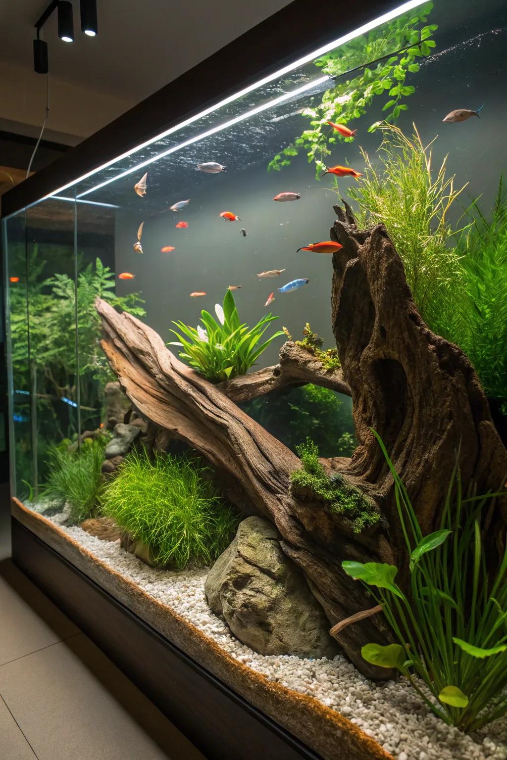 Wood adds an element of raw, natural beauty to the tank.