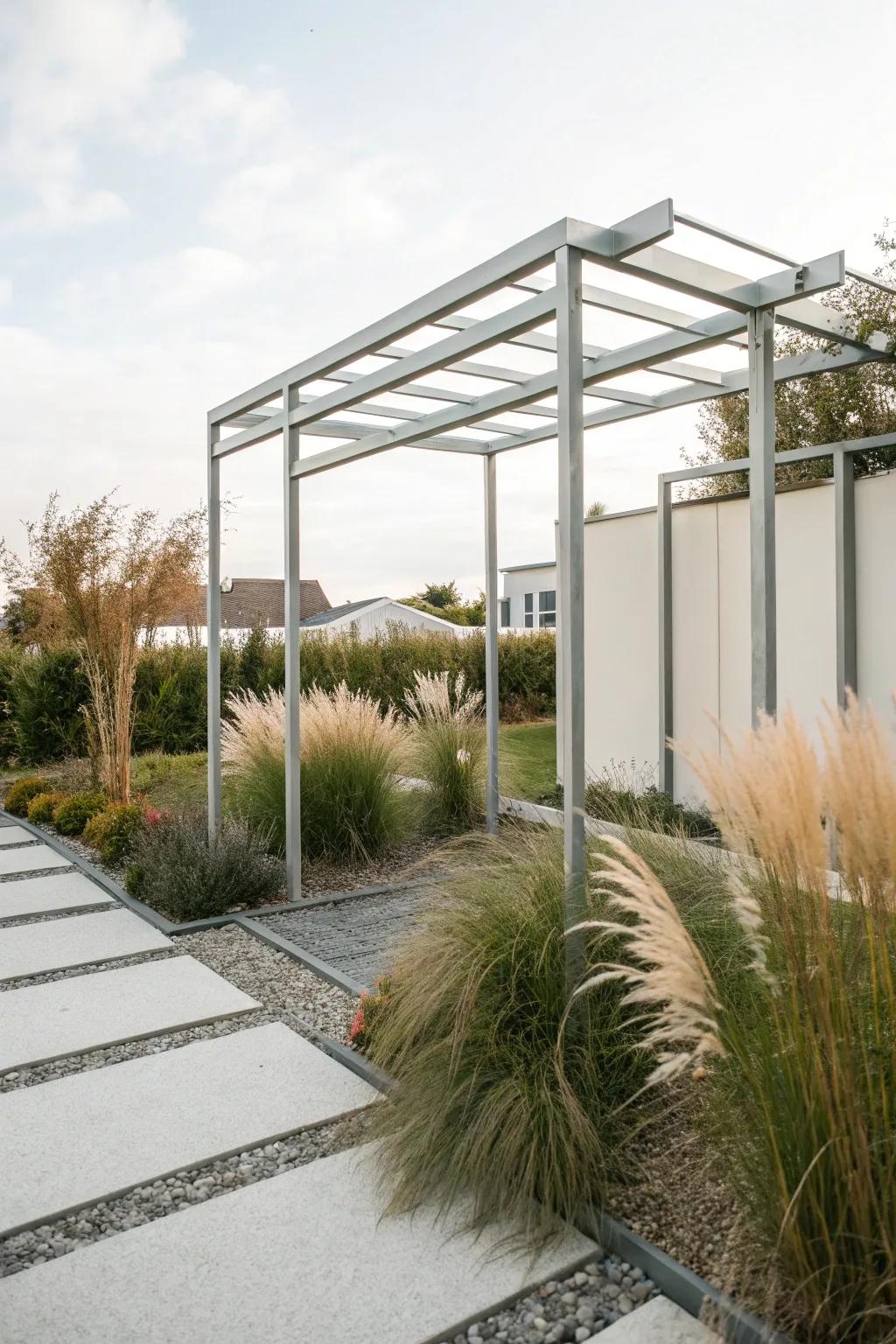A modern metal arbor enhances the contemporary vibe of this garden.