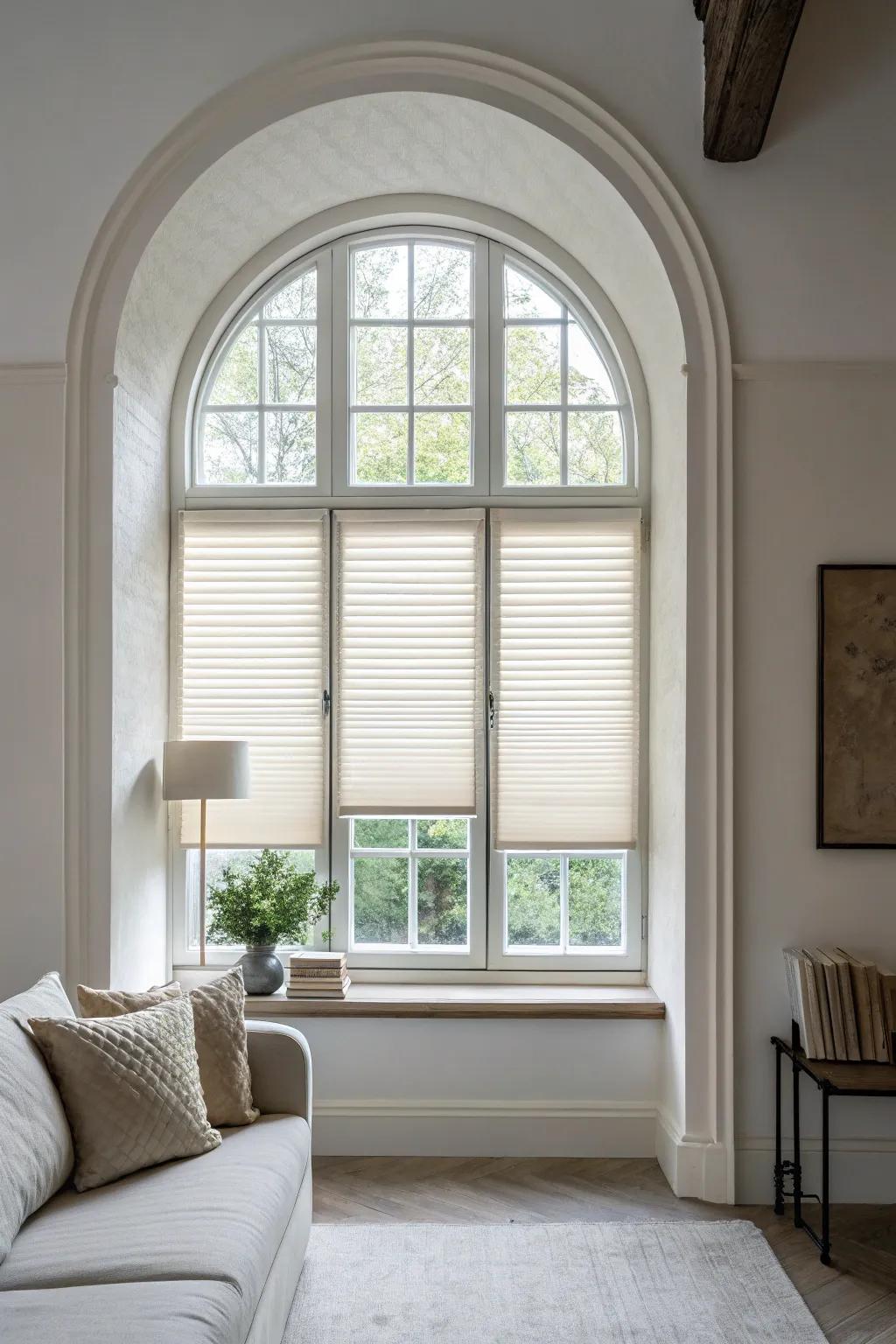 A minimalist chamber features custom-fitted shades on arched windows, resulting in a harmonious balance of light and design.