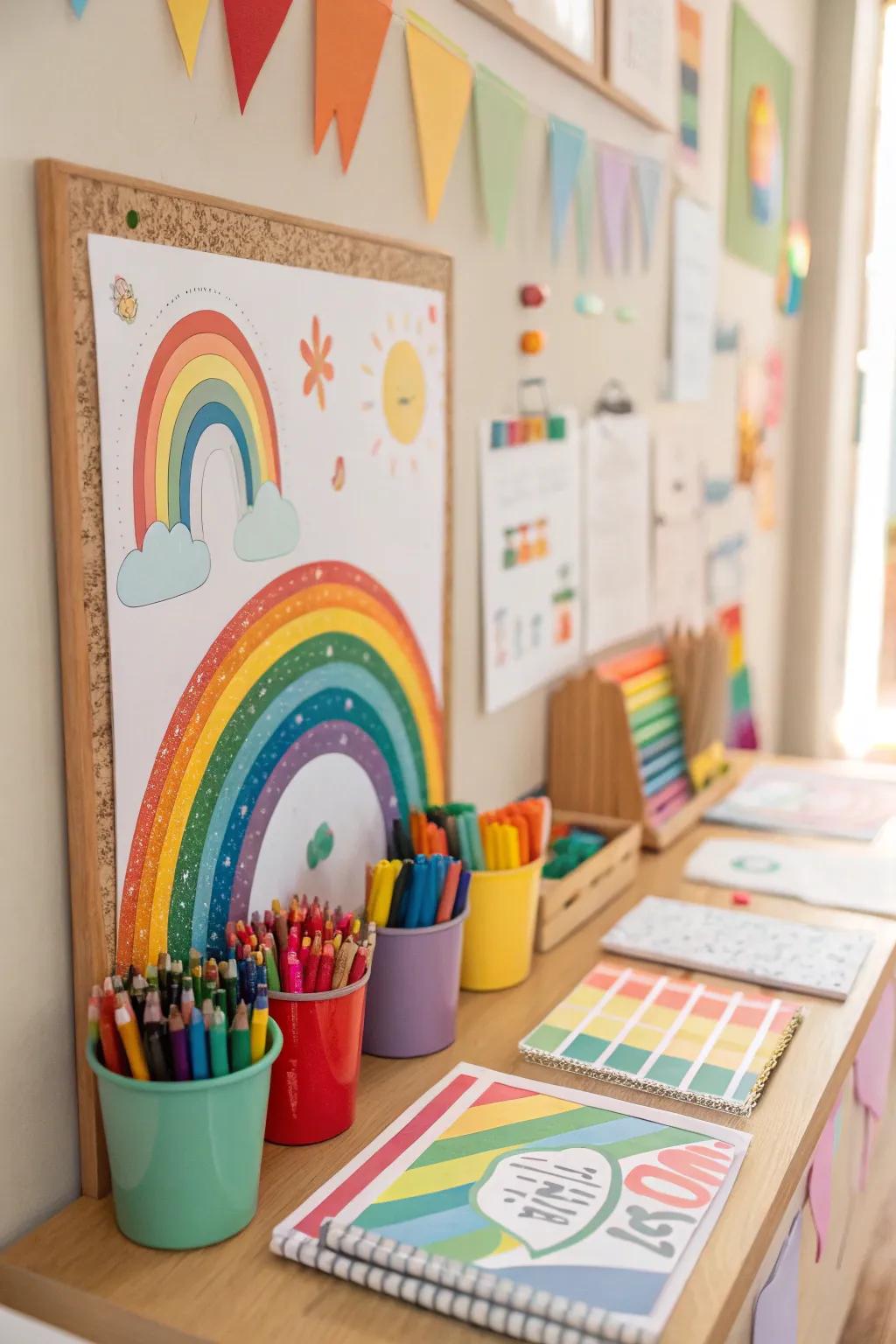 A rainbow-inspired bulletin board filled with brilliant colors and art materials.