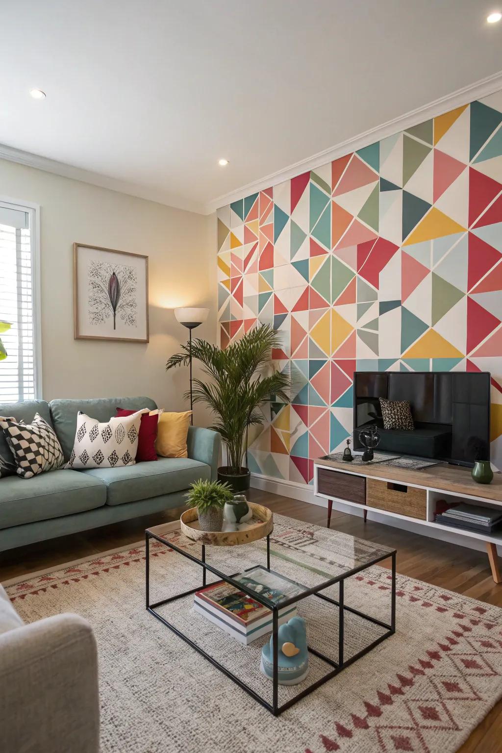 A lounge showcasing a vibrant geometric pattern feature wall, imbuing a modern flair into the décor.
