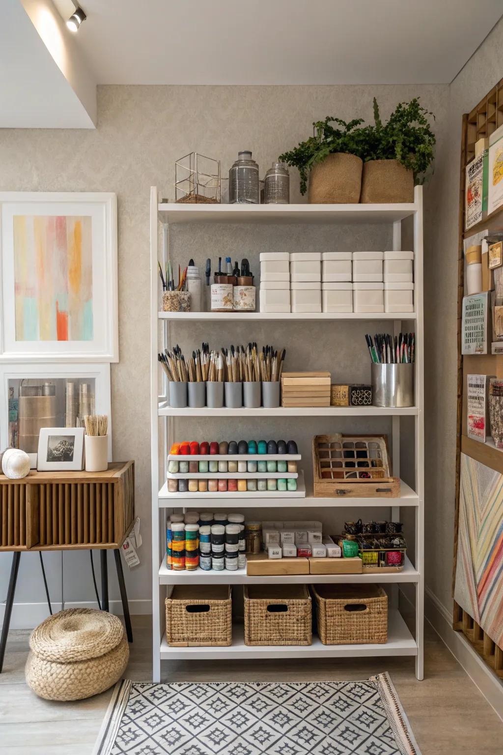 Multi-tiered shelves maximize vertical space in your art studio.