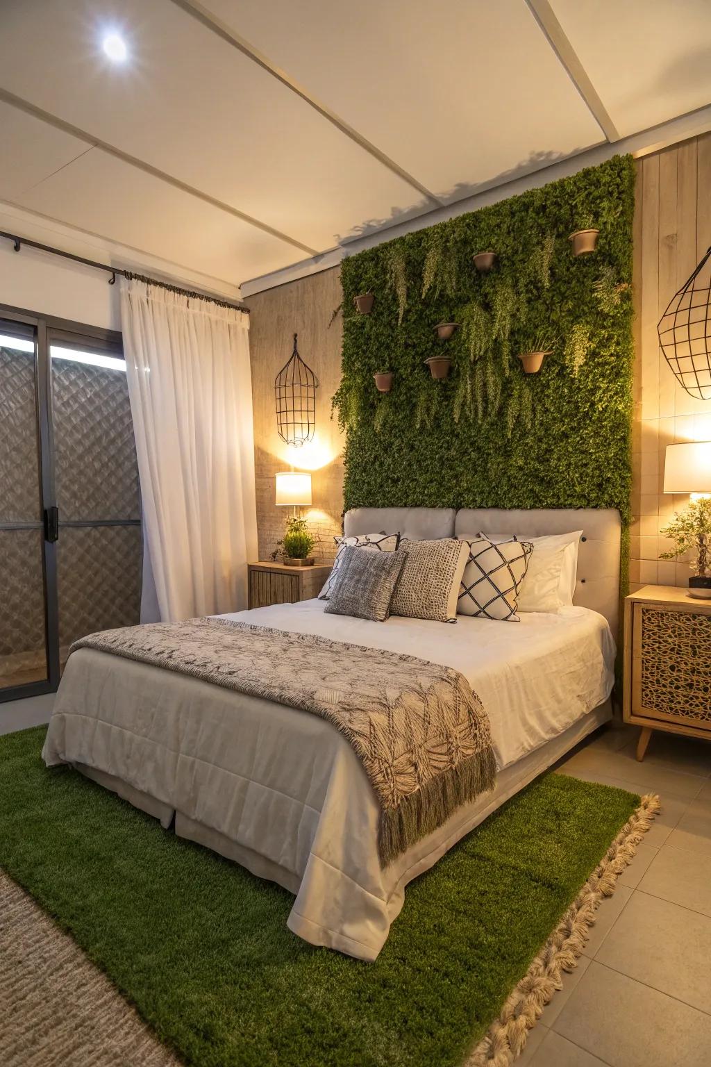 A serene bedroom retreat enhanced by a lush artificial grass wall.