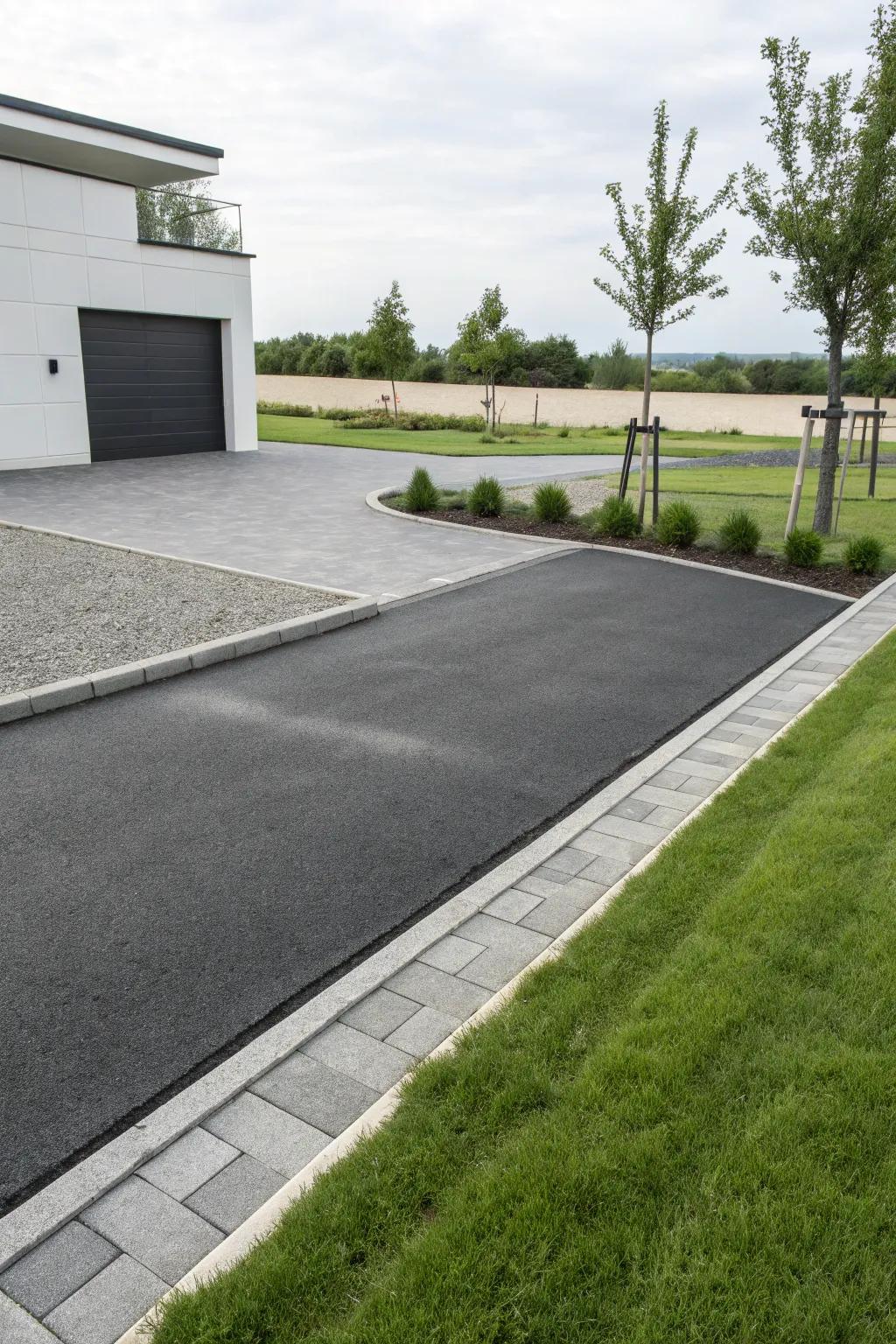 Concrete pavers create a chic, modern border for this stylish driveway.