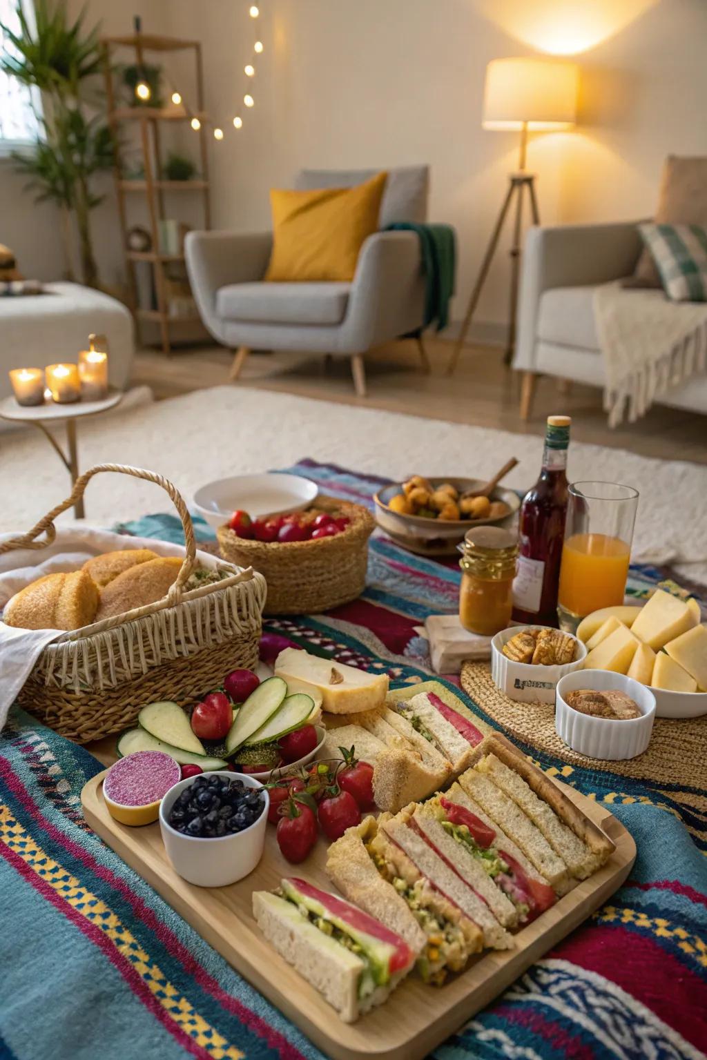 Embrace the beauty of outdoor dining from the comfort of indoors with a captivating picnic setup.