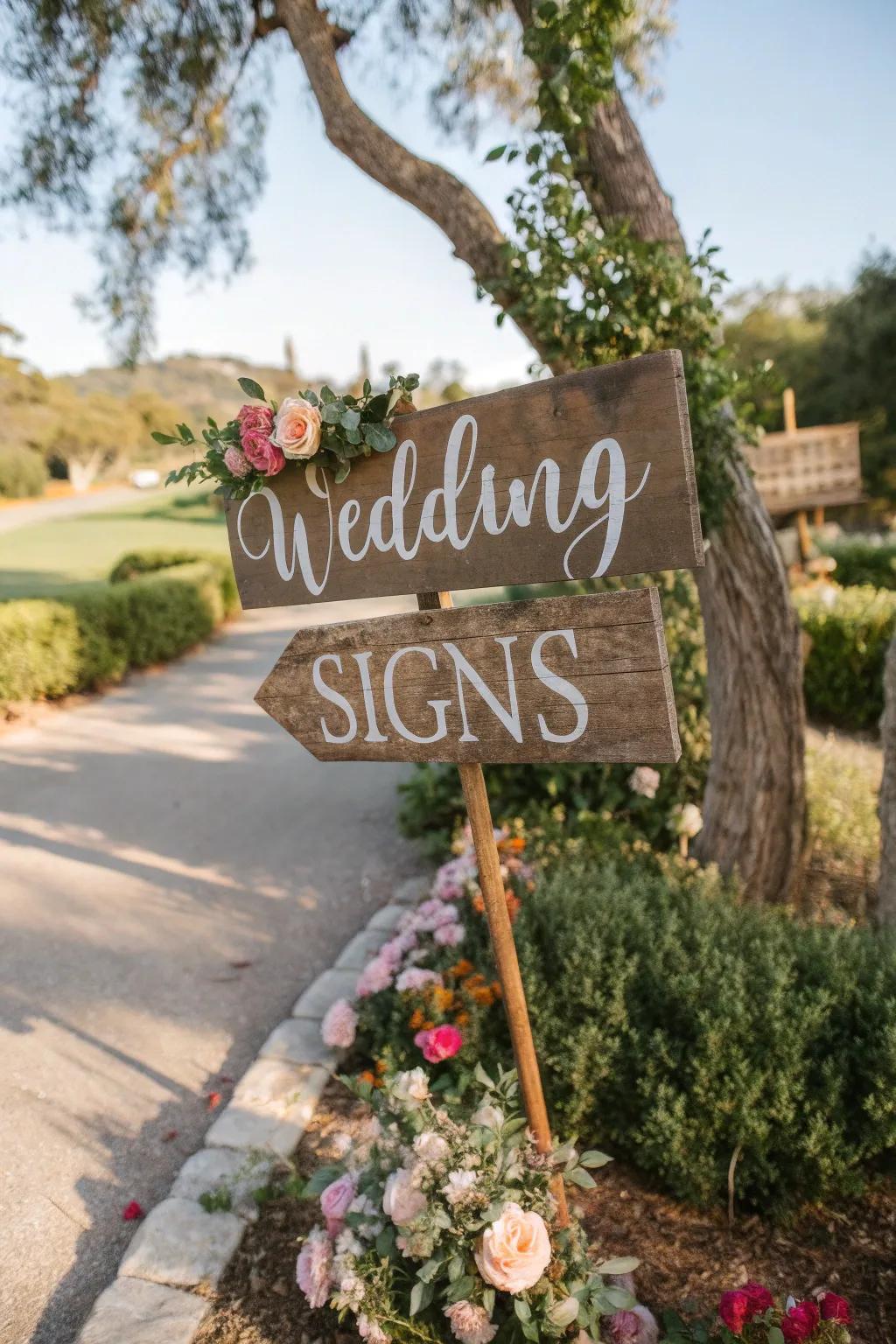 Rustic wooden signs add a personal touch to the wedding.
