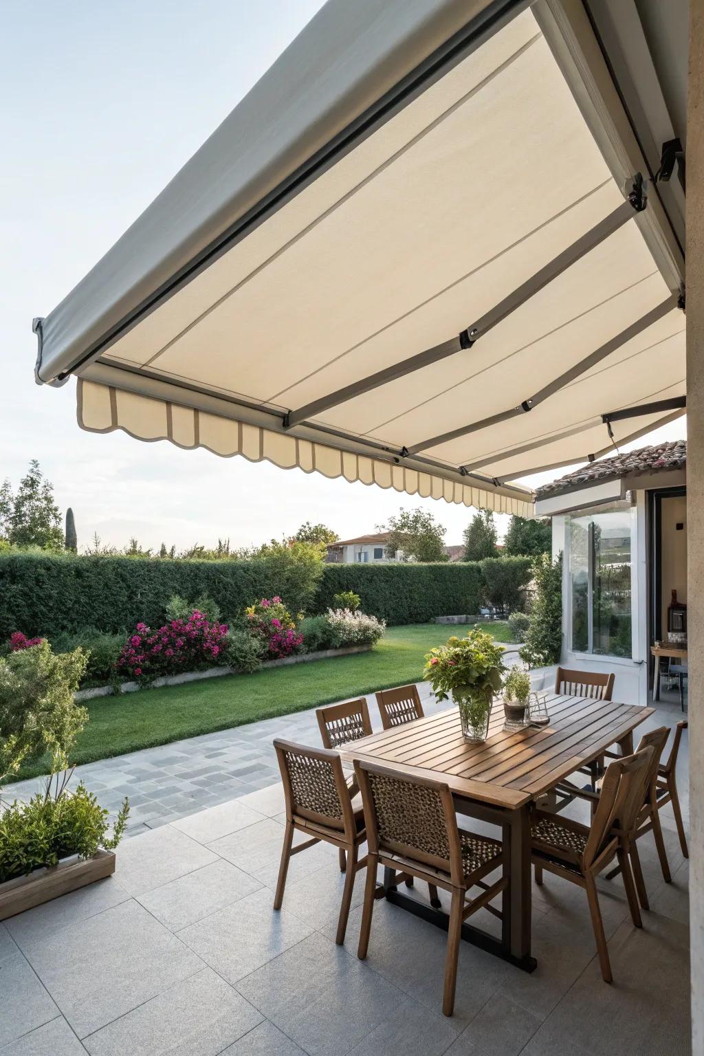 A retractable awning grants adaptable shade solutions.