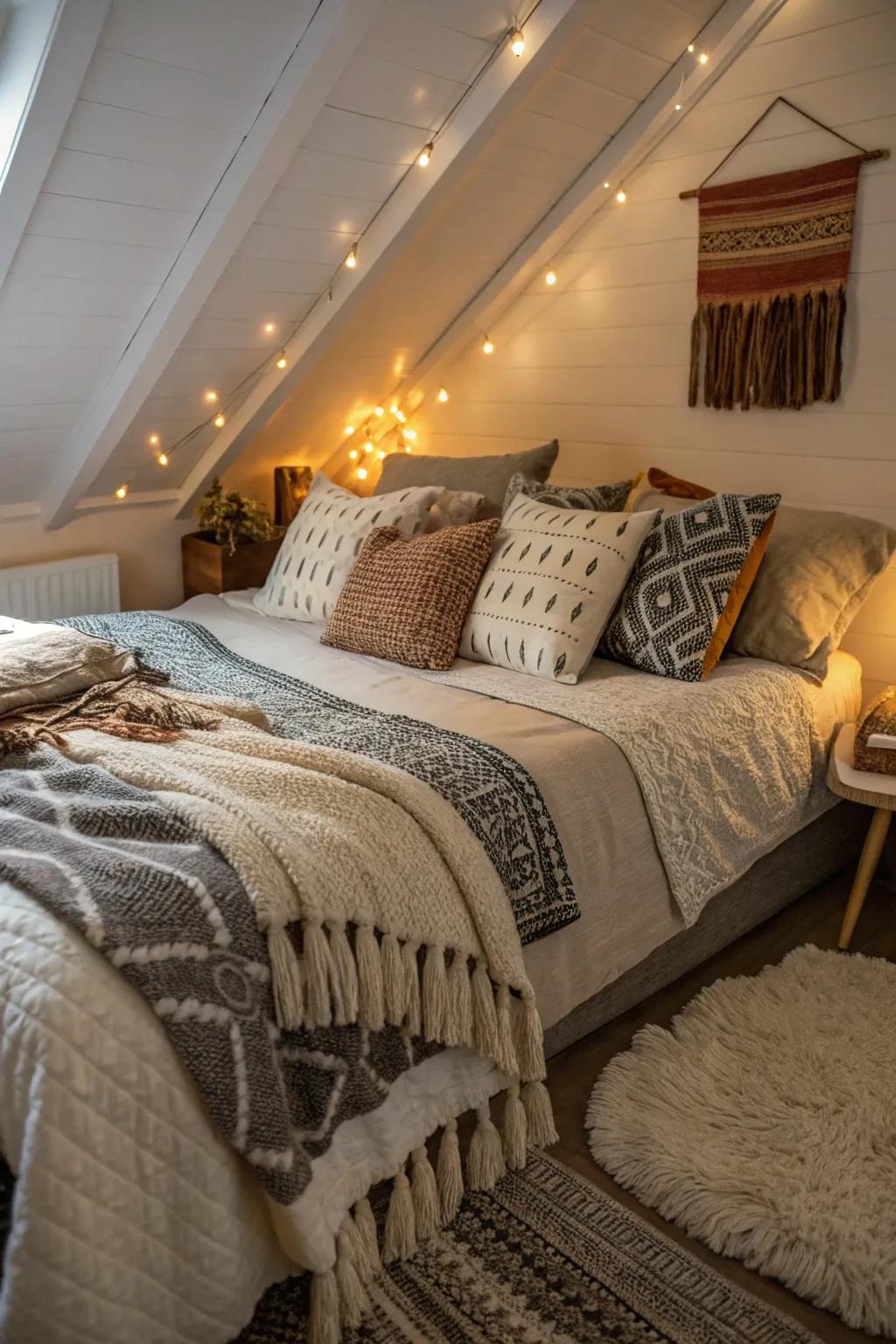 Immerse yourself in the comfort of layered textiles, creating a snug attic hideaway.