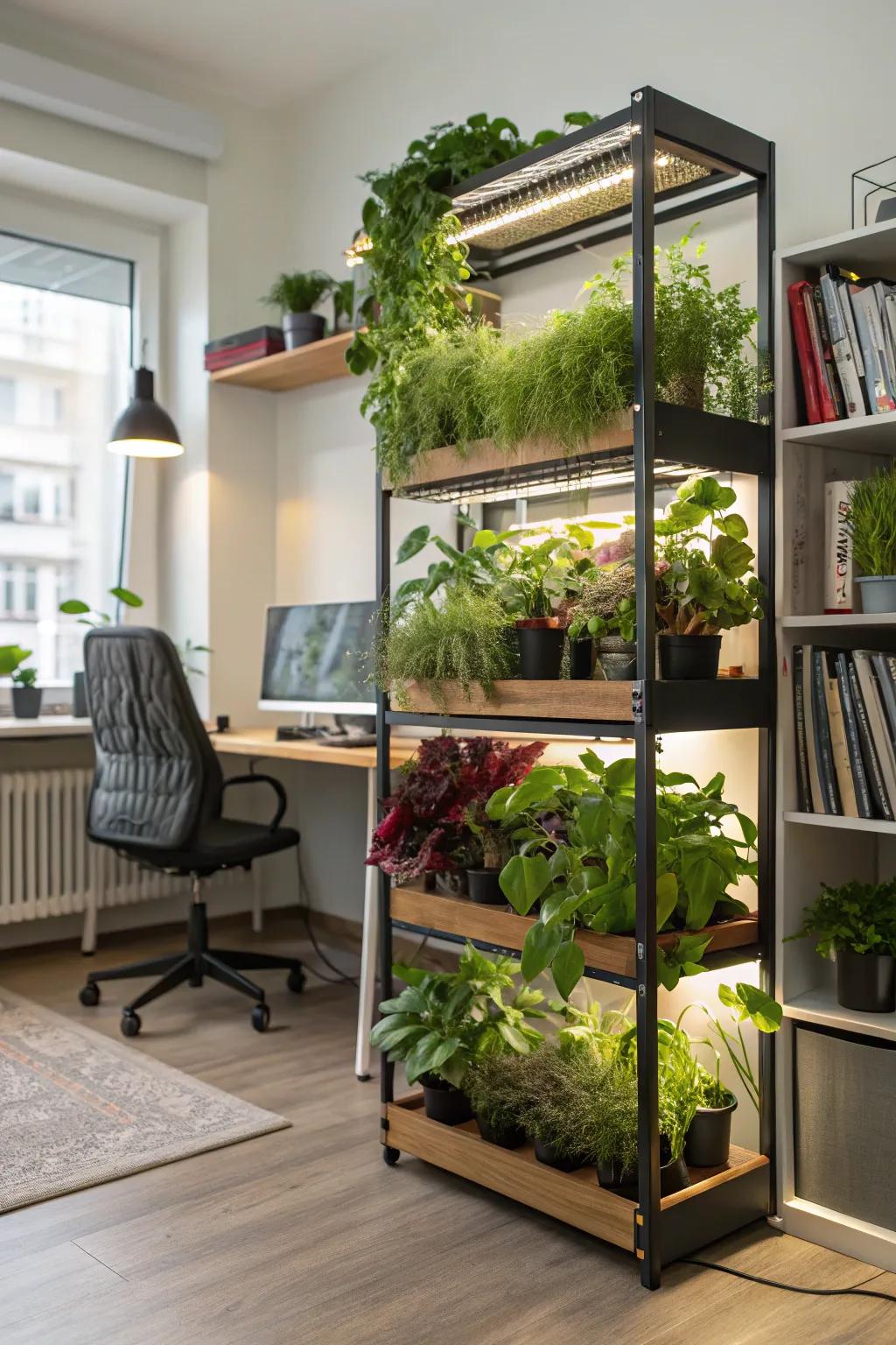 Vertical shelves equipped with integrated lights, showcasing healthy, thriving plants.