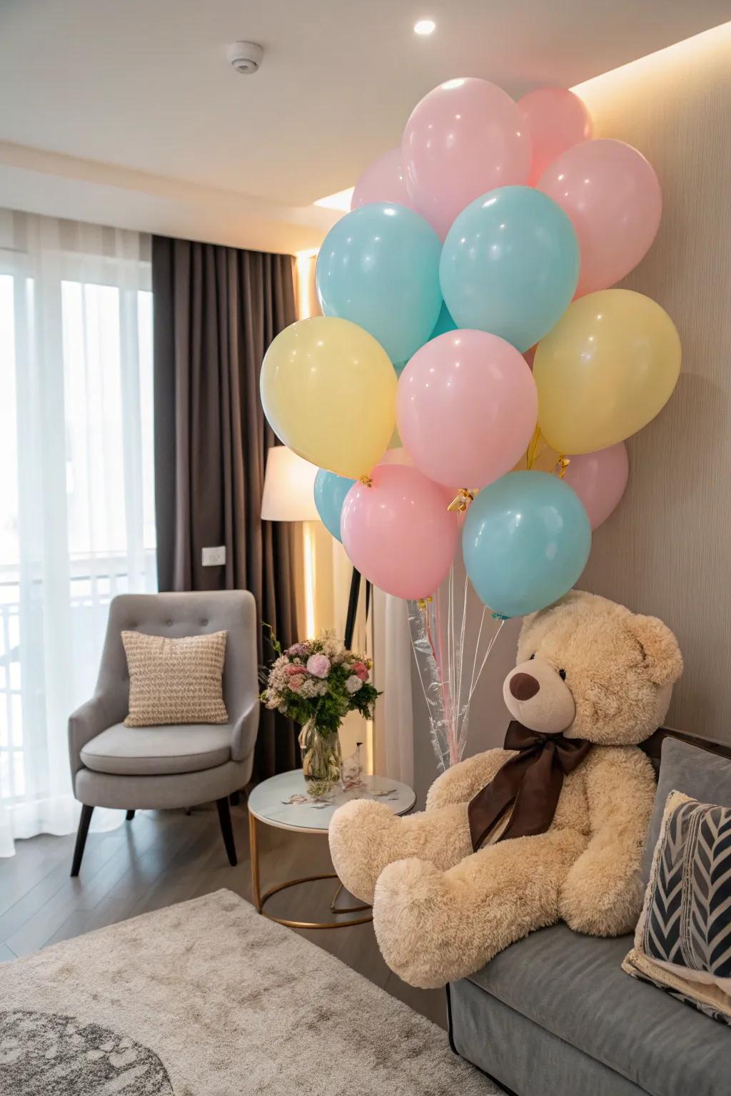Cuddly bears paired with balloons form a touching, heartwarming scene.