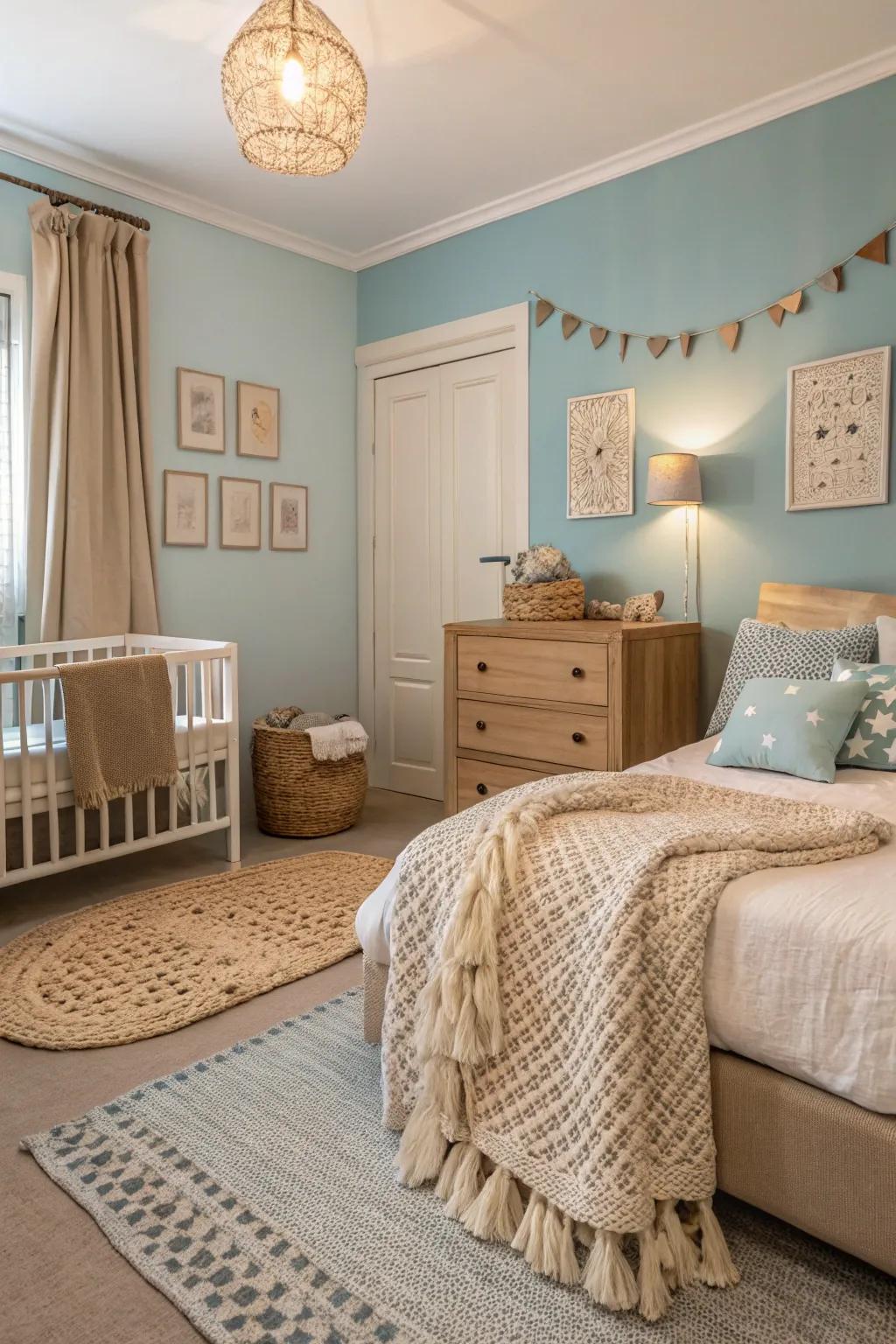 Radiant neutrals merge seamlessly with sky blue for a welcoming bedroom ambiance.