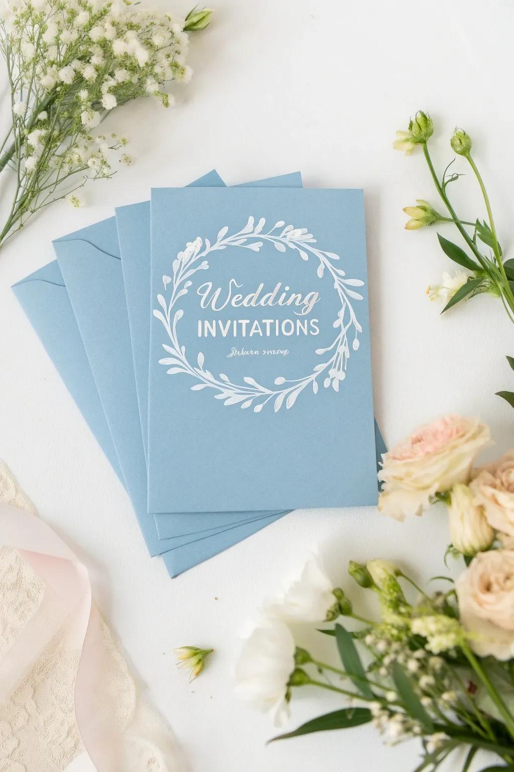 Azure-tinted invitations extend a serene preview of your milestone day.