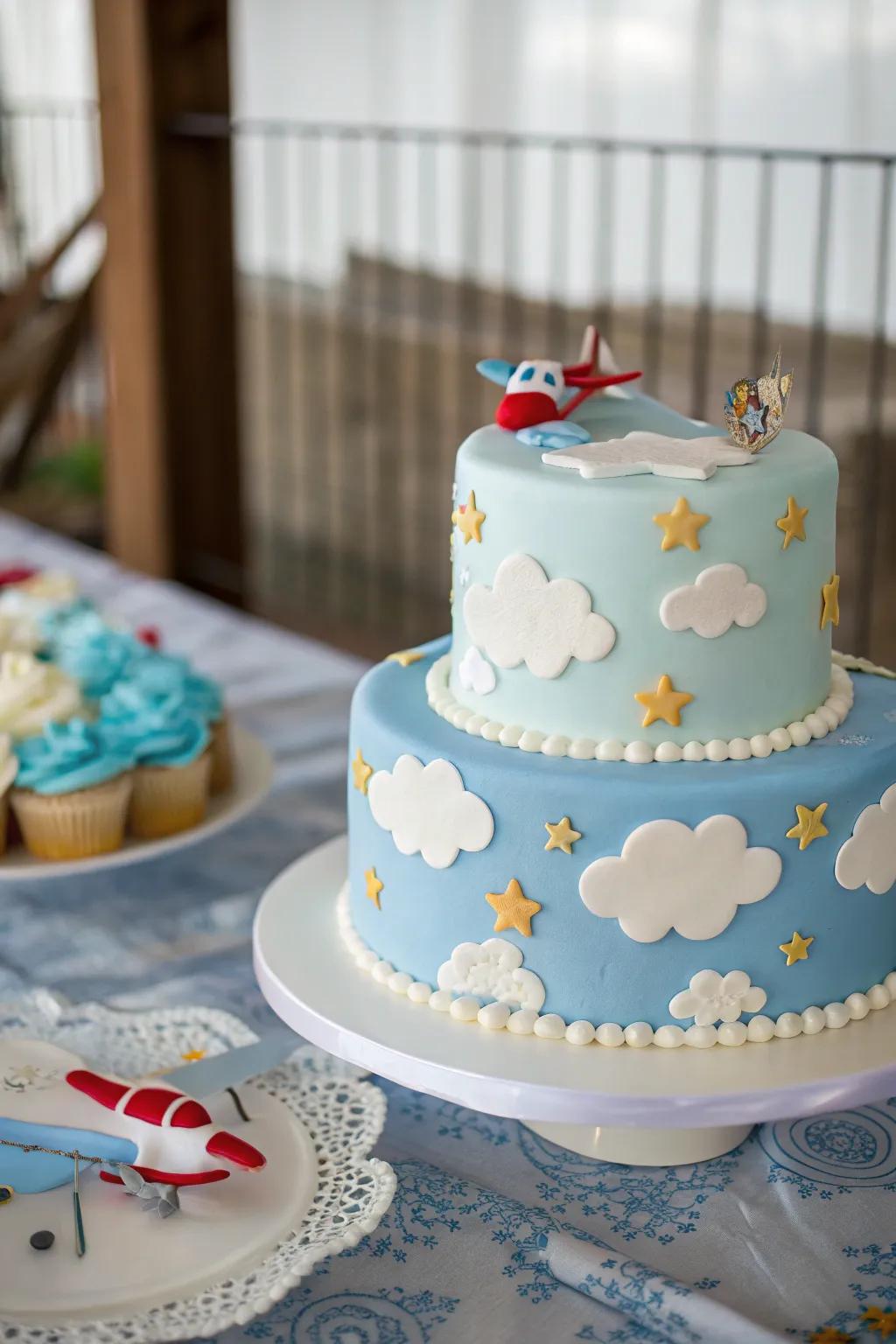 A sky-inspired cake with playful cloud and plane embellishments.