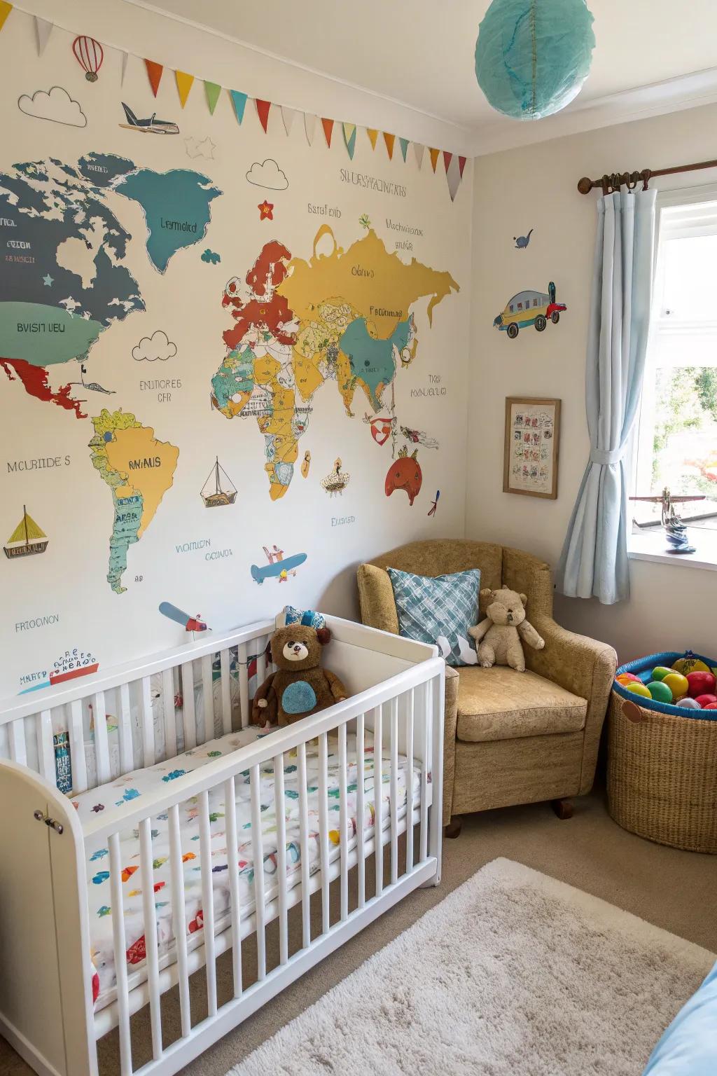 Voyage-inspired wall decor infuses a sense of exploration and wonder into the nursery.
