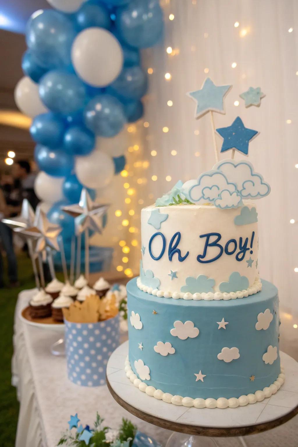A dreamy cake with clouds and stars, perfect for a baby boy shower.