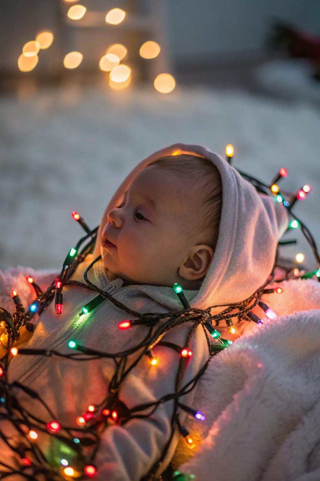 An infant bathed in the gentle radiance of holiday lights.