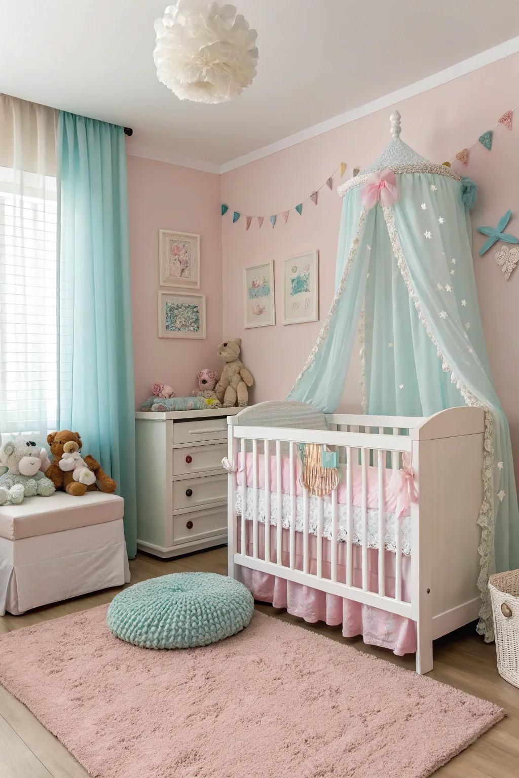 An ivory crib serves as a classic core in this sophisticated area.