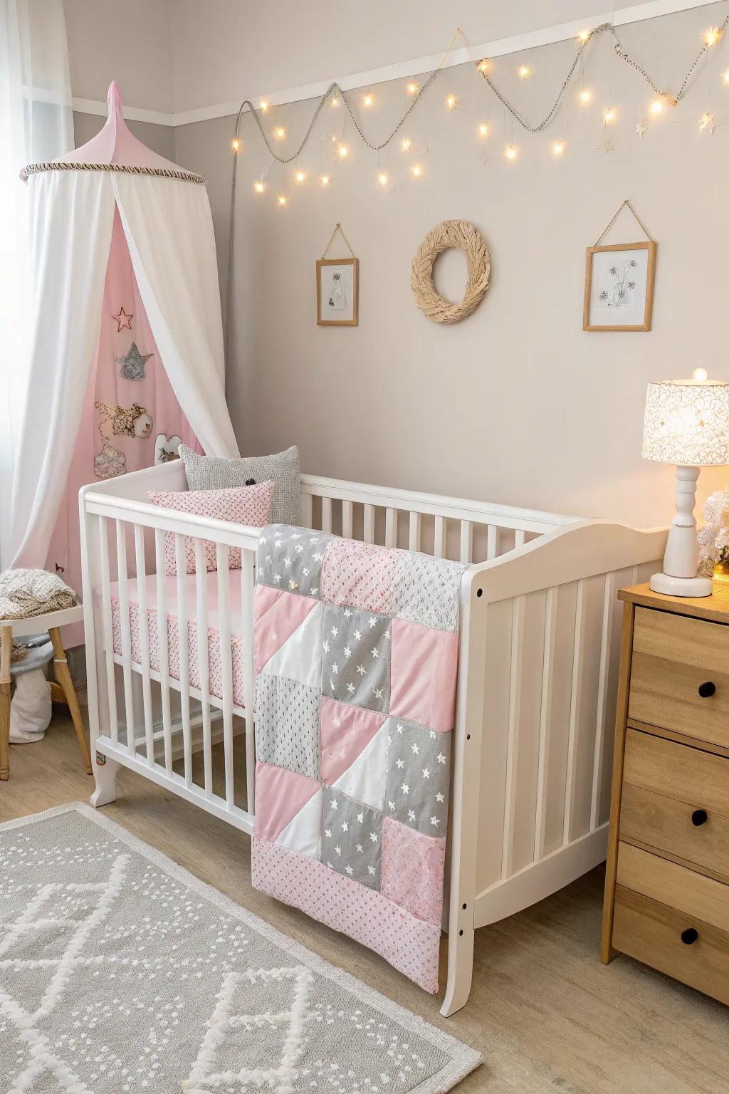 A white crib adorned with pink and grey for a touch of elegance.