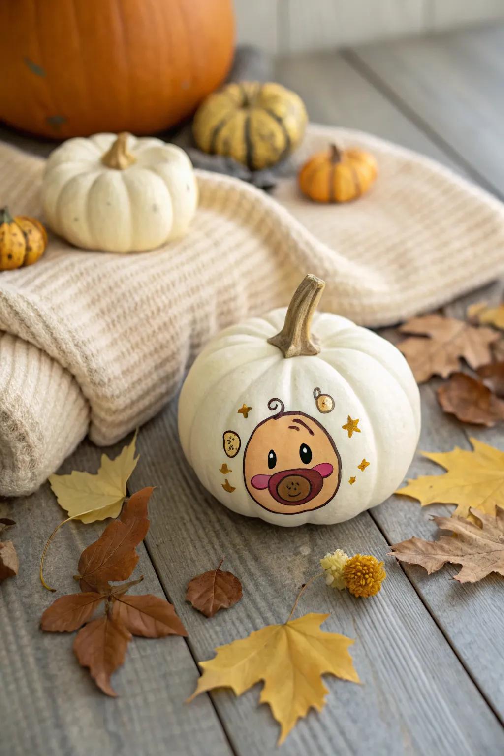 A dummy adorned gourd introduces a sprightly touch to your aesthetic.