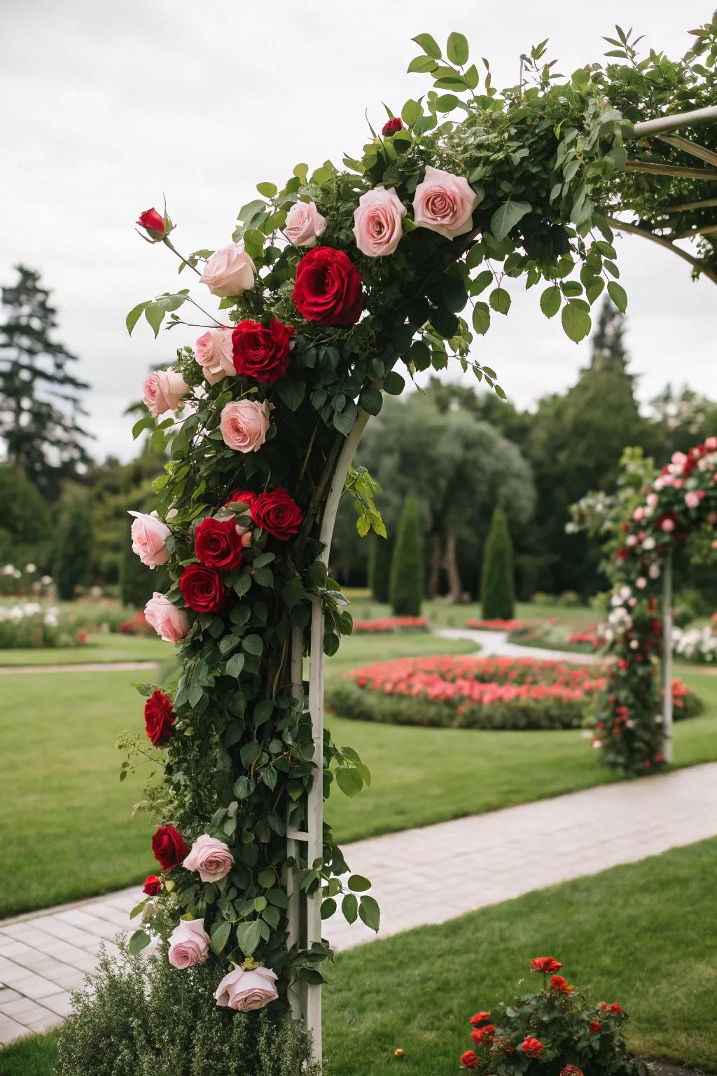 A vibrant blossom arch showcasing roses and greenery for a revitalizing aesthetic.