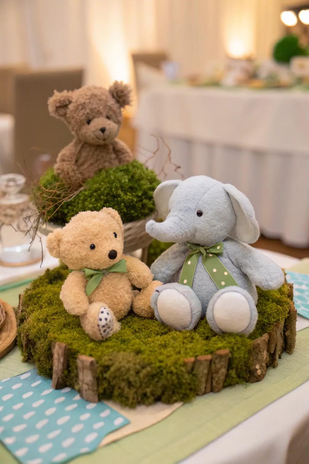 A gathering of plush figures enlivens the gathering with endearment.
