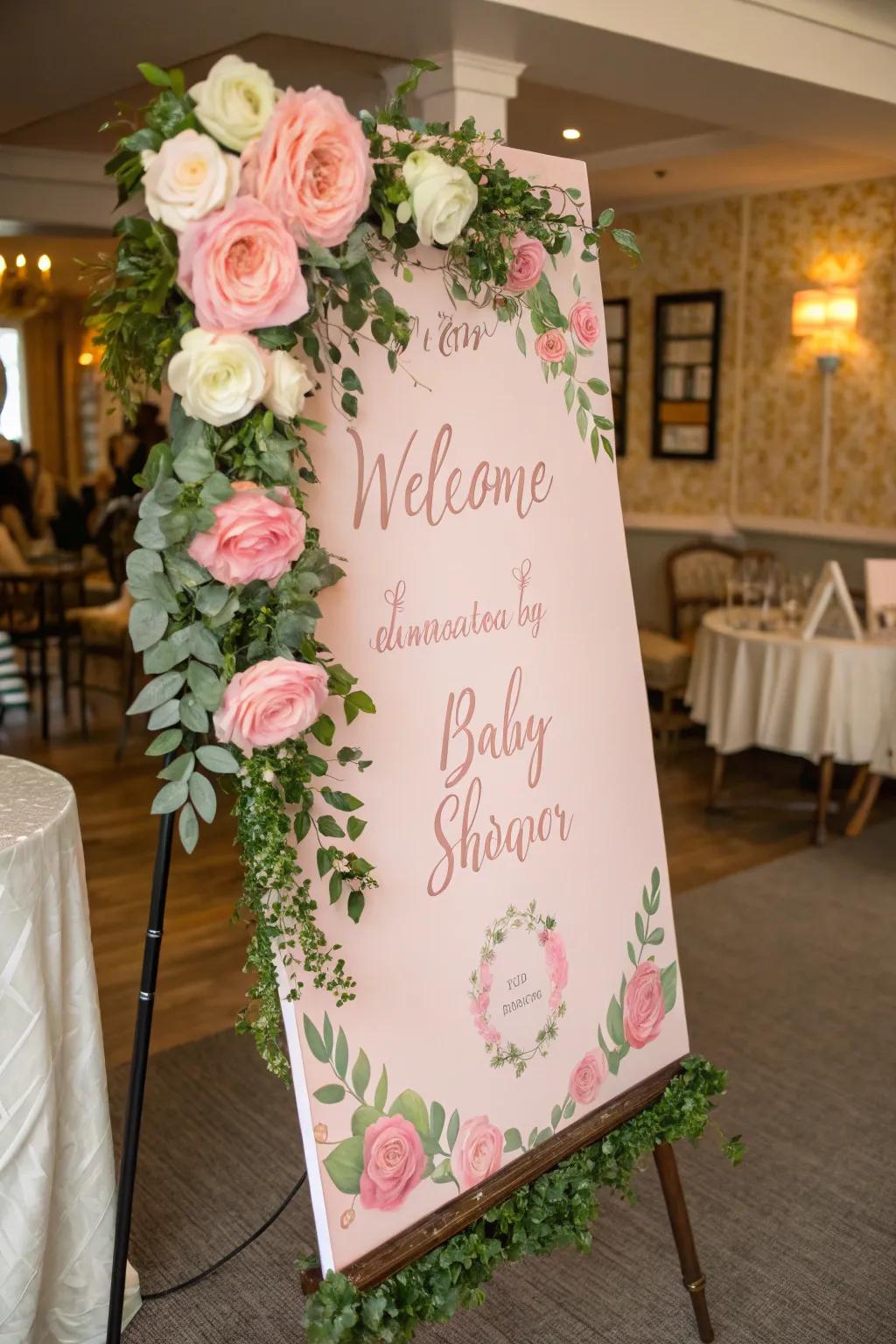 A floral welcome board creates a visually stunning entrance.