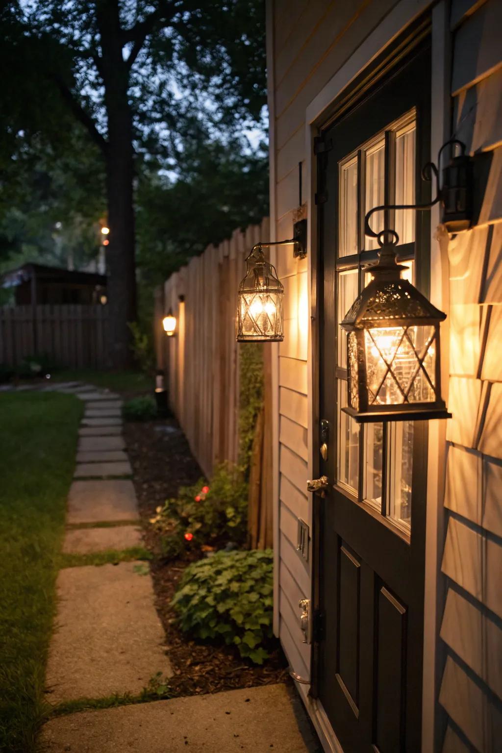 Classic lamps offer a cozy radiance at the back entrance.