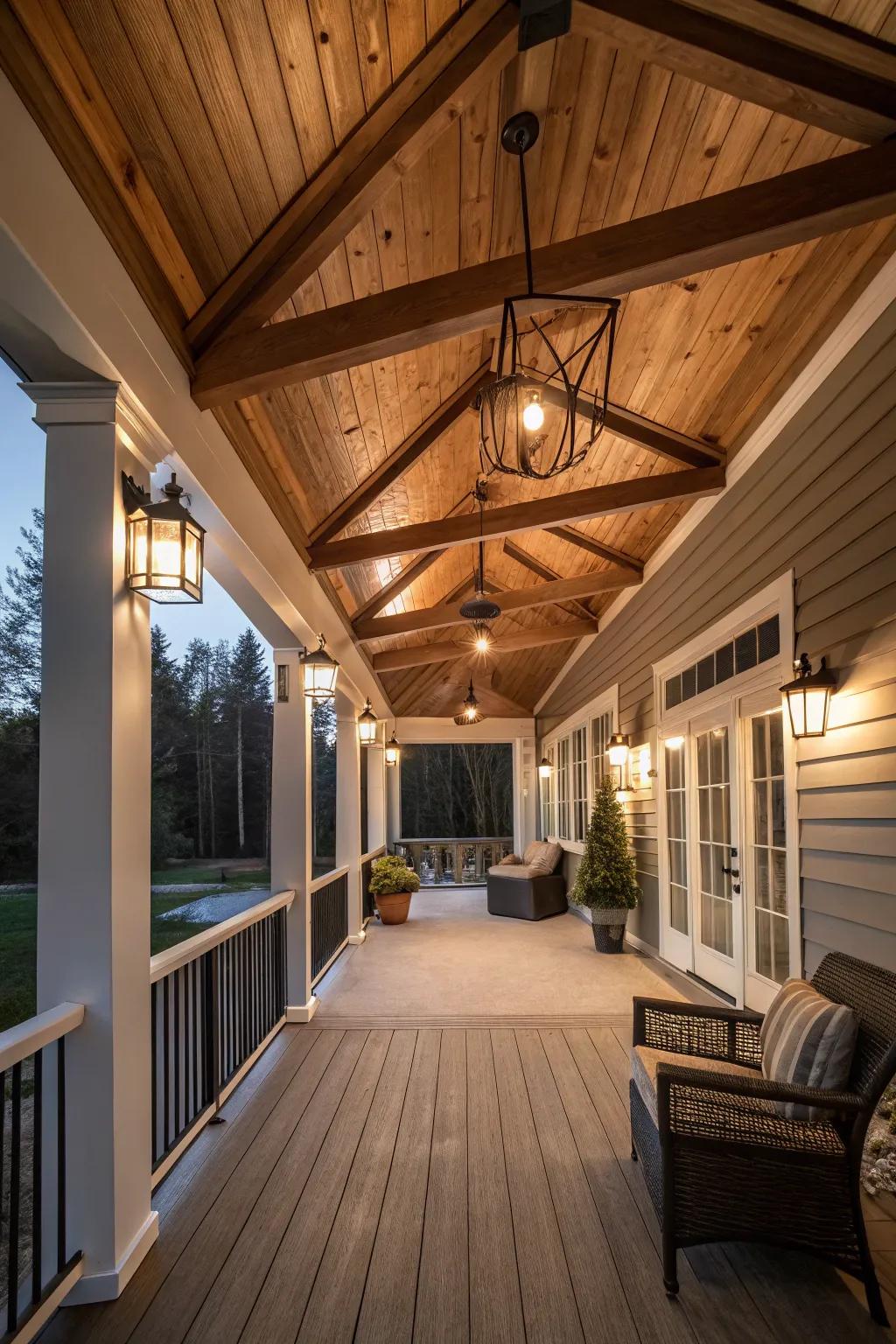 Refine your porch through elegant timber ceiling artistry.