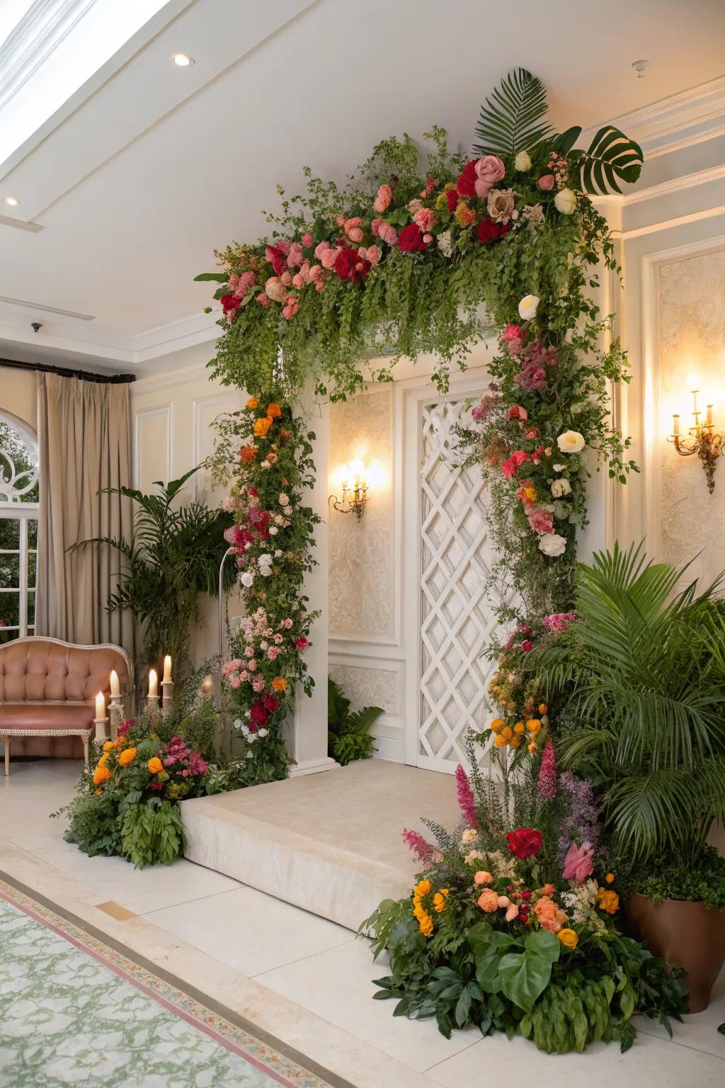 Create a serene atmosphere with a lush floral backdrop.