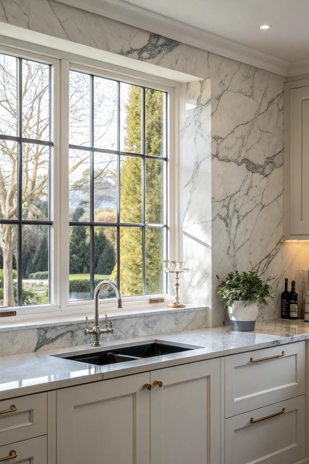 An elegant stone backsplash encircling a kitchen window.
